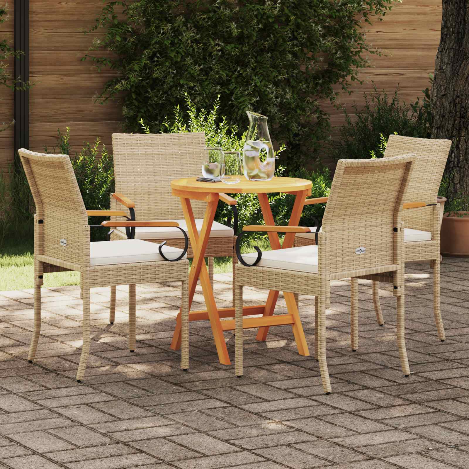 Gartenstühle 4 Stk. Beige und Cremeweiß Poly-Rattan und Akazie