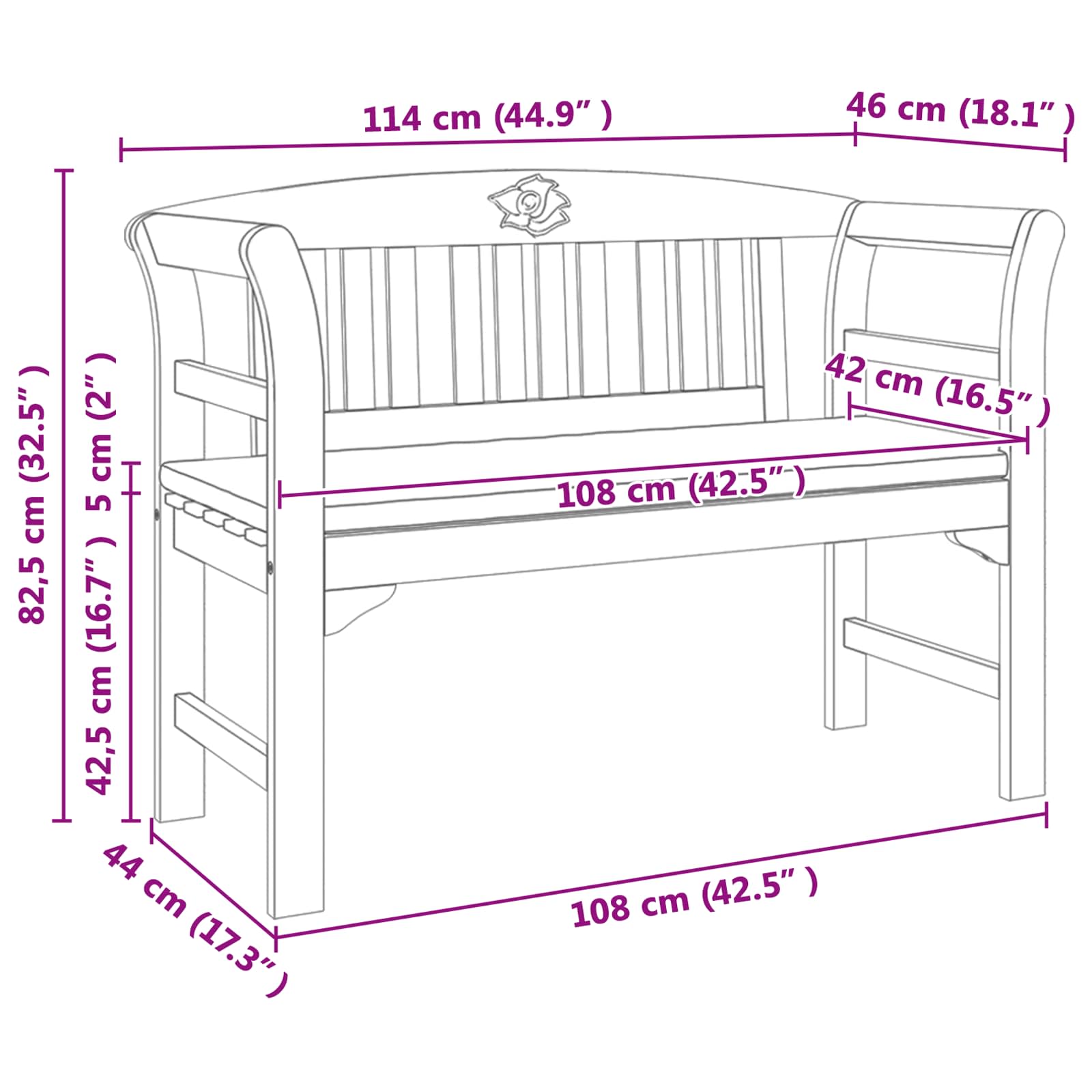 Rosenbank Cremeweiß 114 x 46 x 82,5 cm Massivholz Akazie