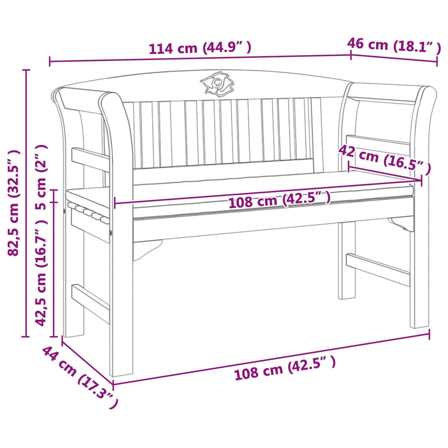 Rosenbank Natur 114 x 46 x 82,5 cm Massivholz Akazie