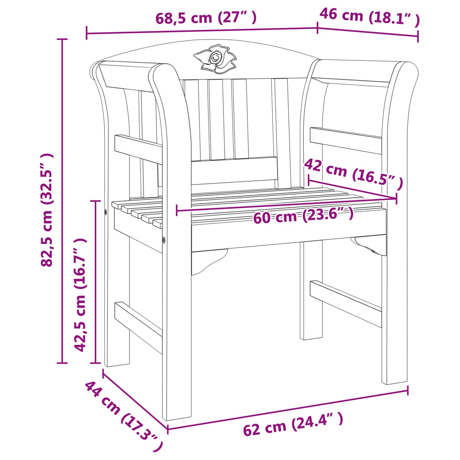 Rosenbank Natur 68,5 x 46 x 82,5 cm Massivholz Akazie