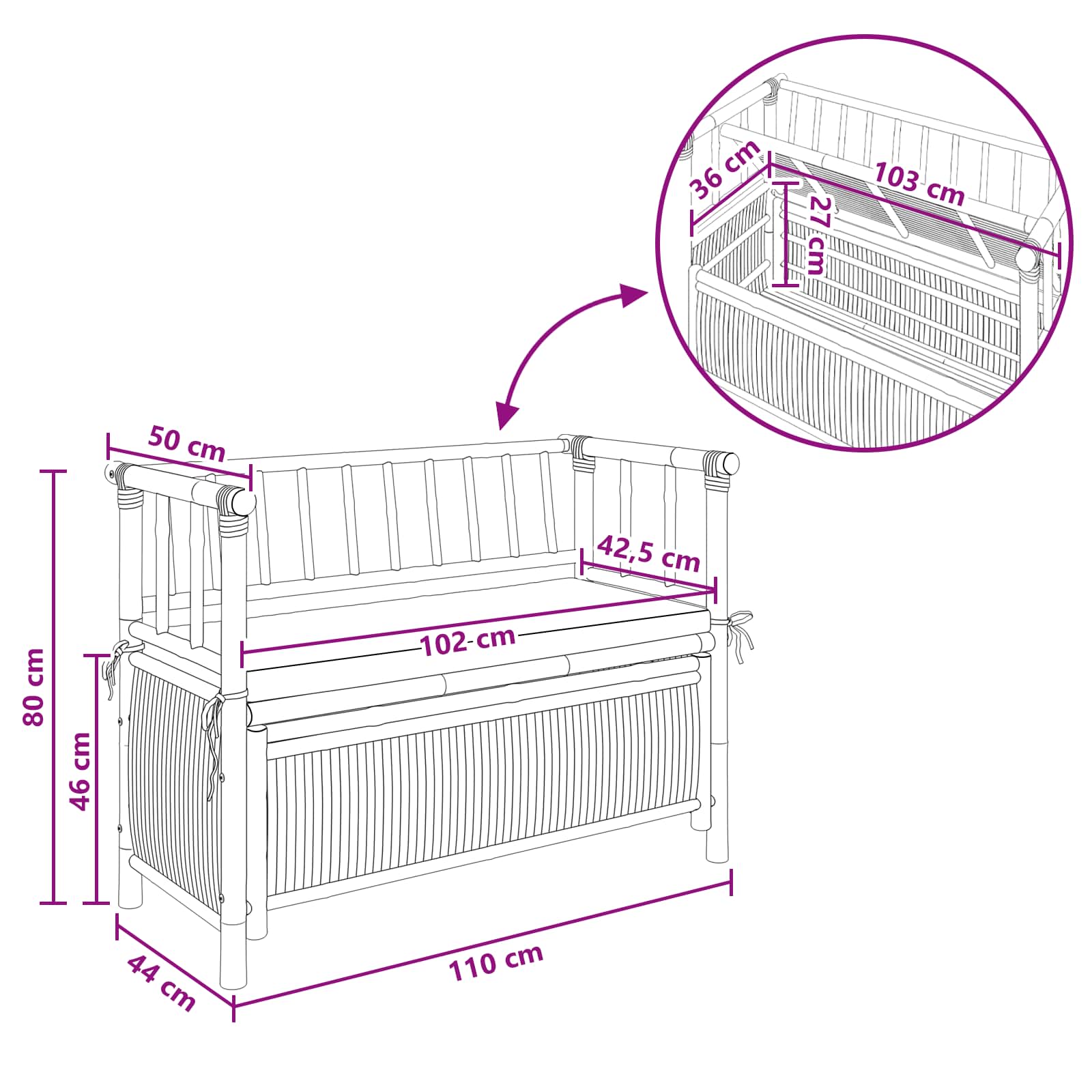 Garten-Aufbewahrungsbank 110 x 47 x 80 cm Bambus Natur