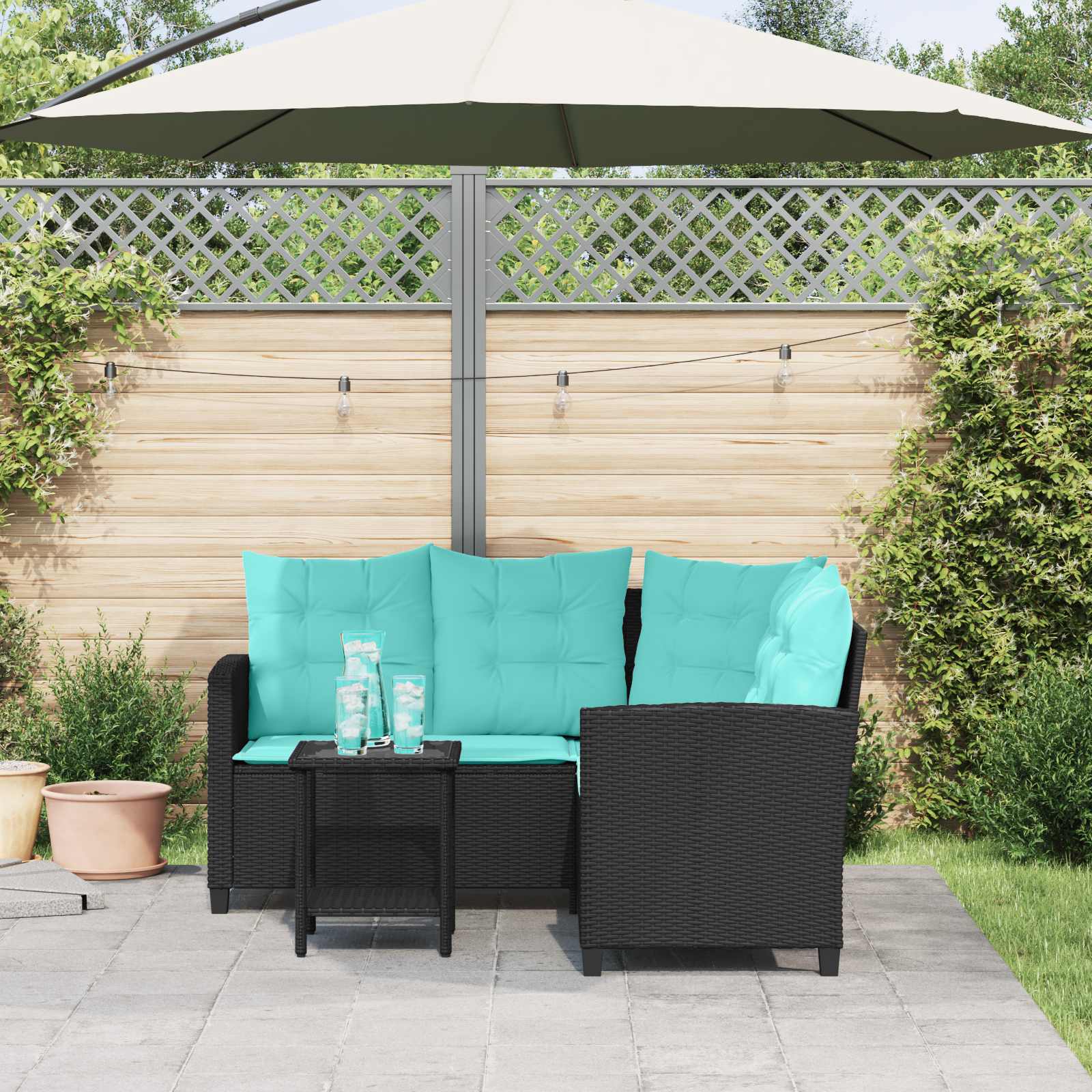 Garten-Sofa 2 stk. 5-Sitzanzahl Schwarz und Türkis Poly Rattan