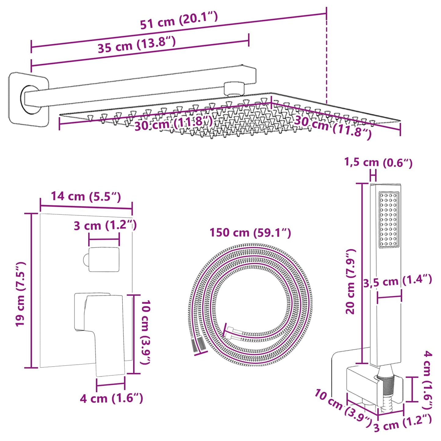 Verborgenes Duschsystem (Quadrat) Schwarz Edelstahl 201