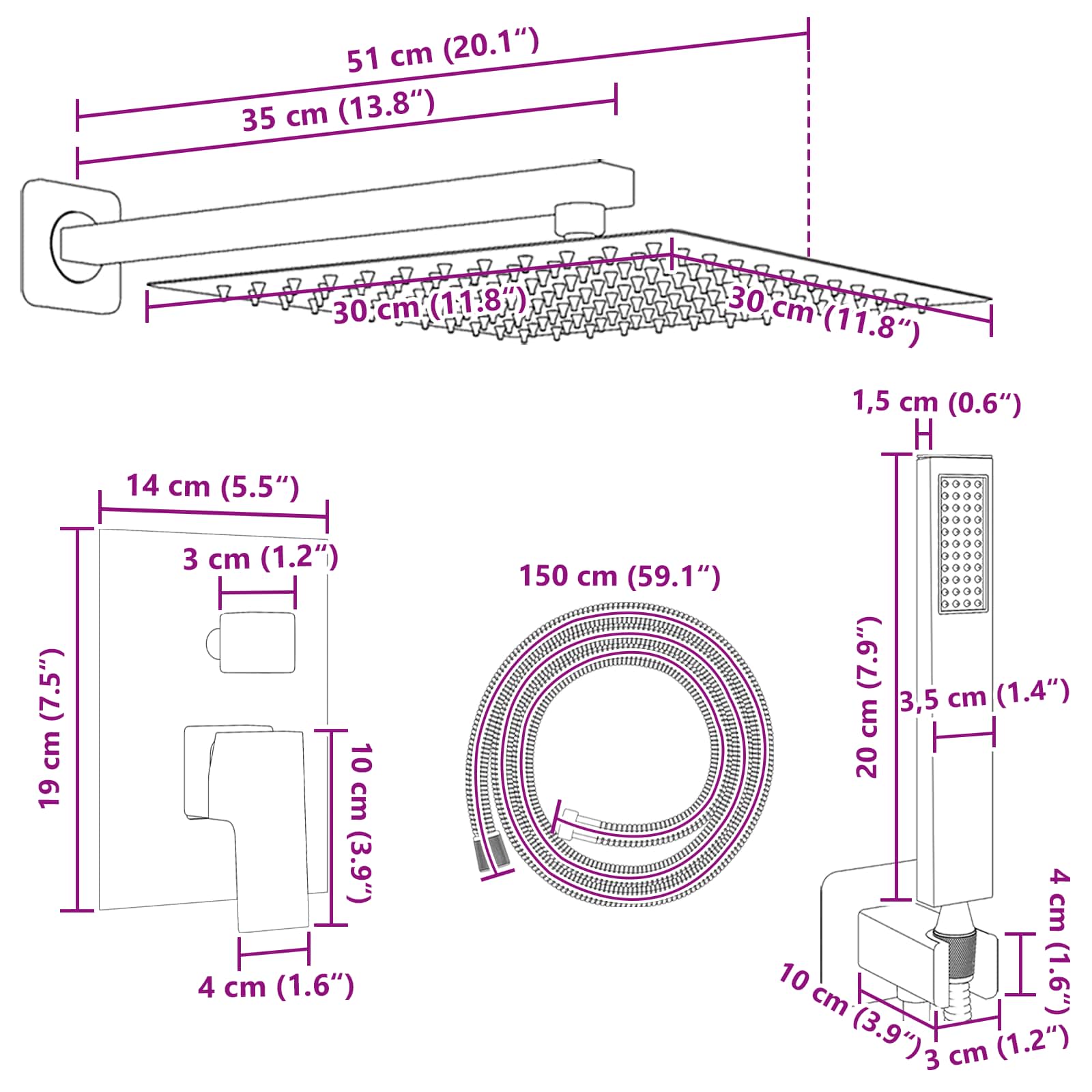 Verborgenes Duschsystem (Quadrat) Schwarz Edelstahl 201