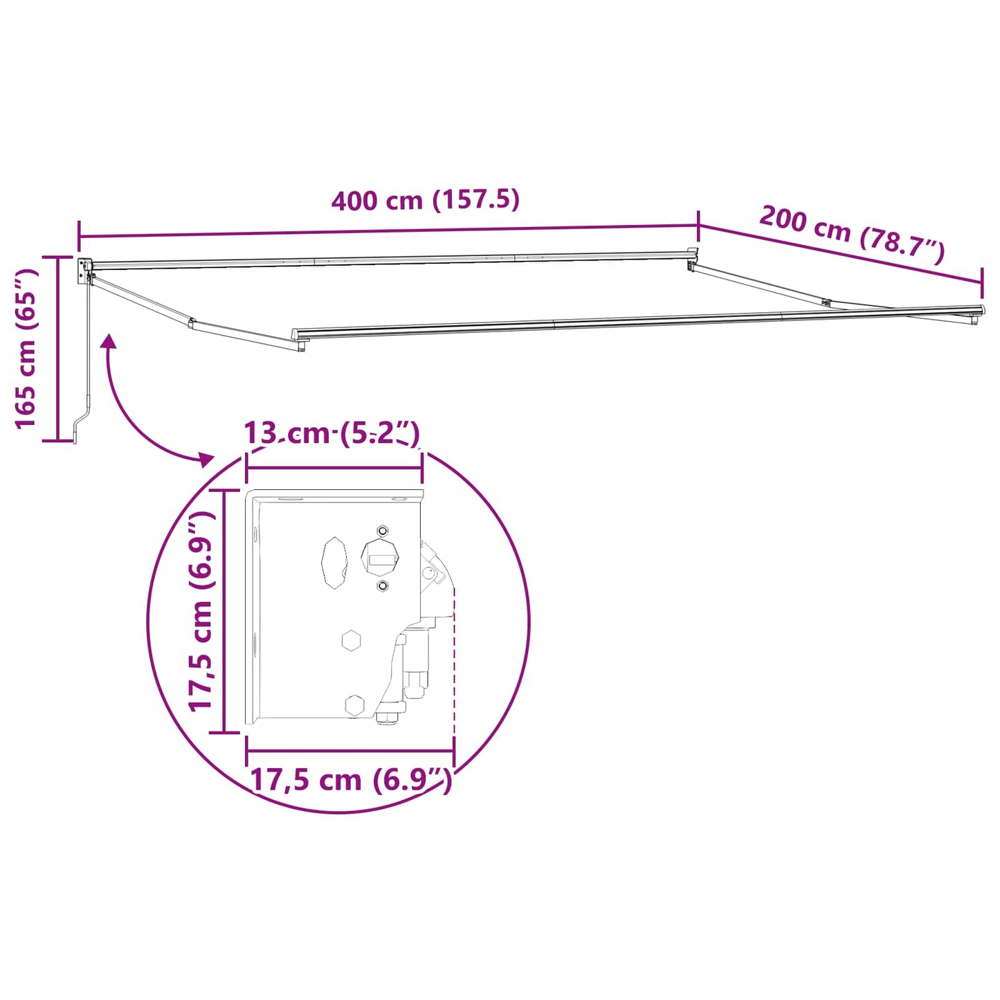 Manueller ausziehbarer Sonnenschirmrahmen Weiß 4 x 2 m