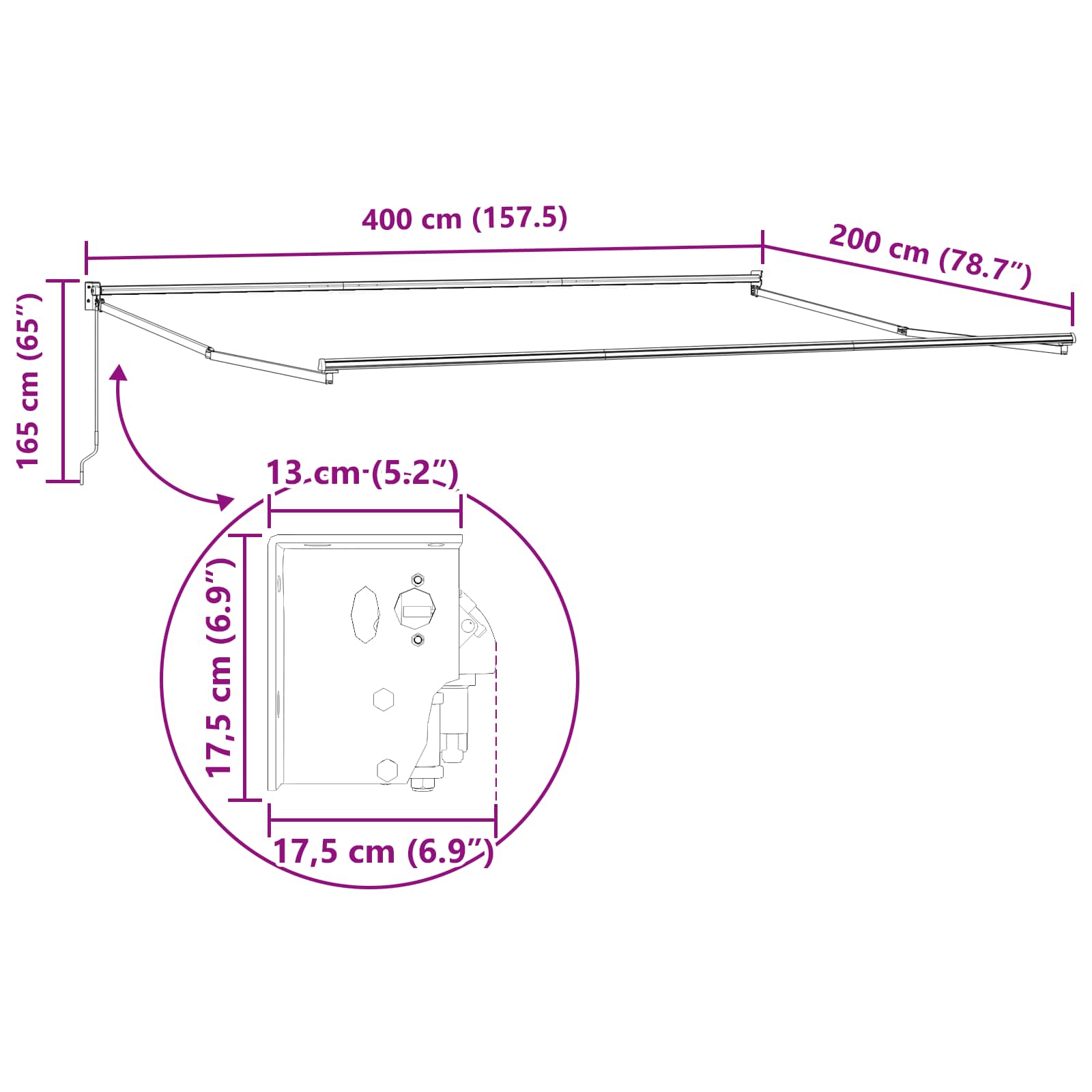 Manueller ausziehbarer Sonnenschirmrahmen Weiß 4 x 2 m