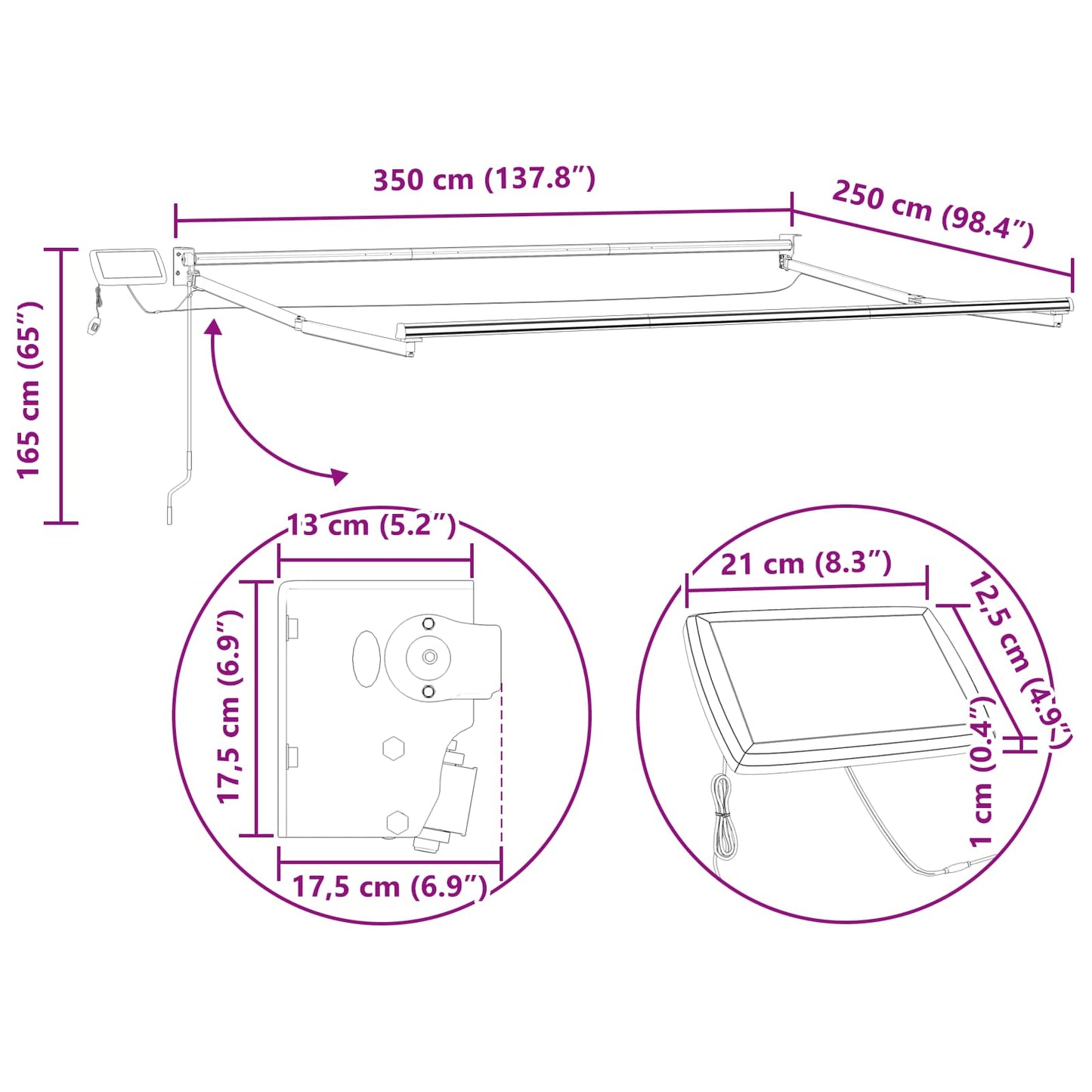 Electric Retractable Awning Frame Weiß 3,5 x 2,5 m Aluminium