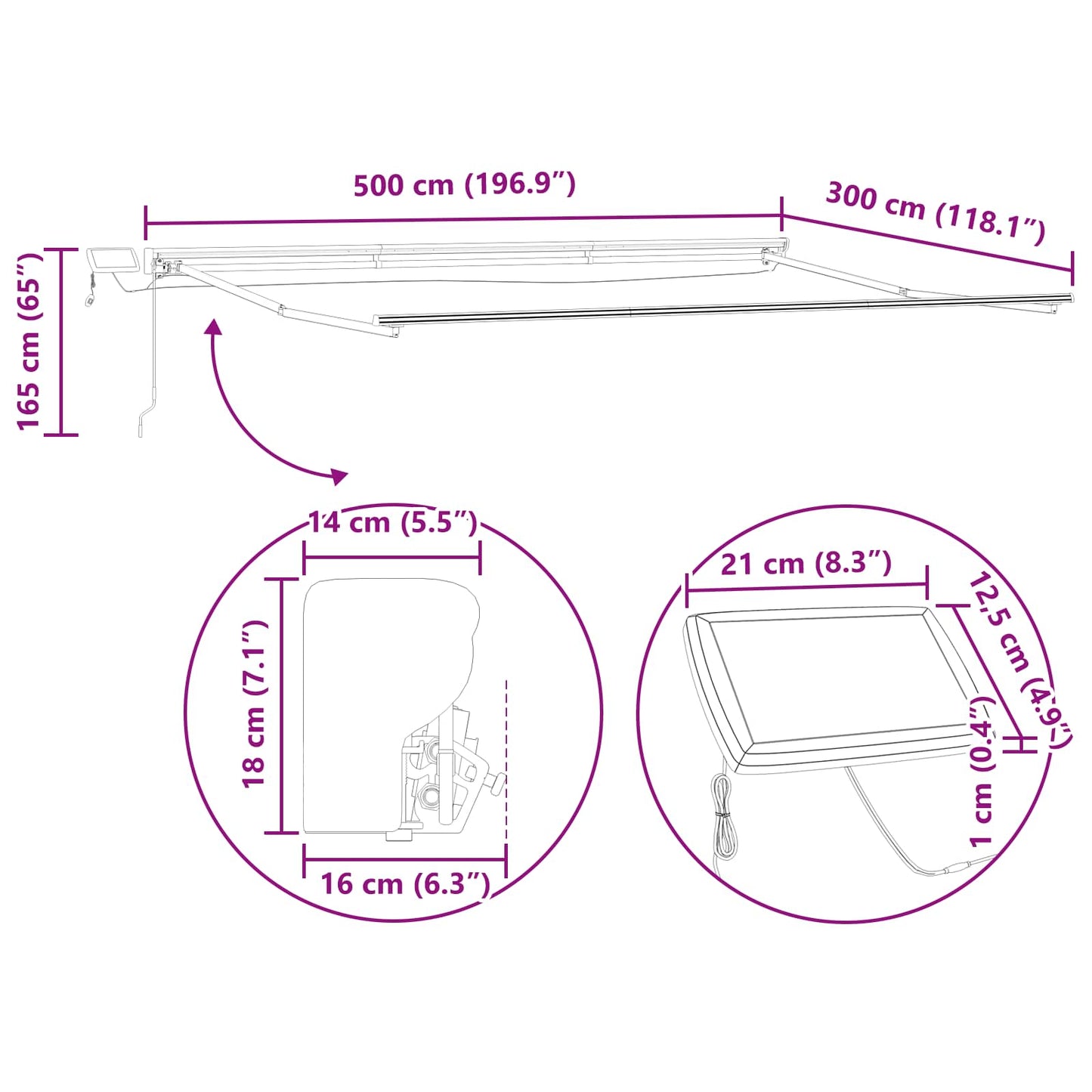 Manueller Markisenrahmen mit LEDs Weiß 5 x 3 m Aluminium