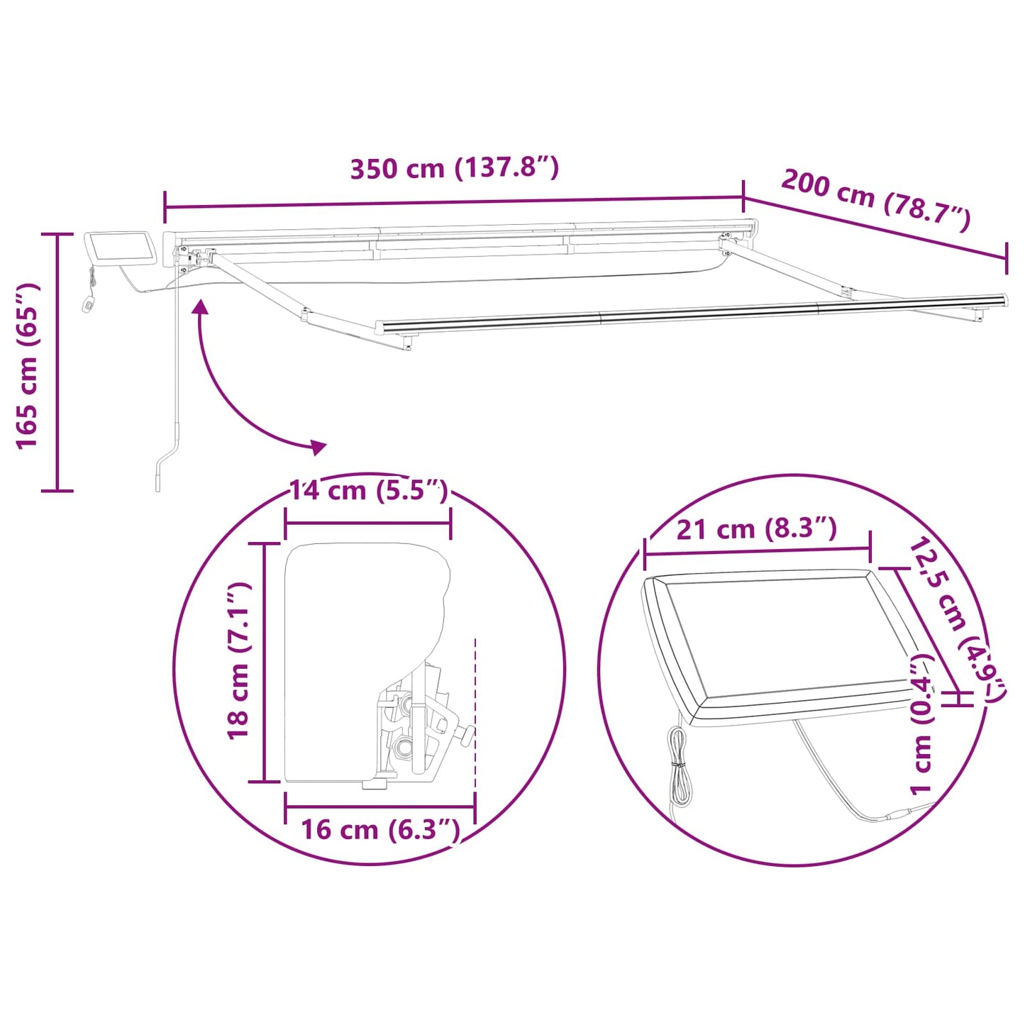 Manueller Markisenrahmen mit LEDs Anthrazit 3,5 x 2 m Aluminium