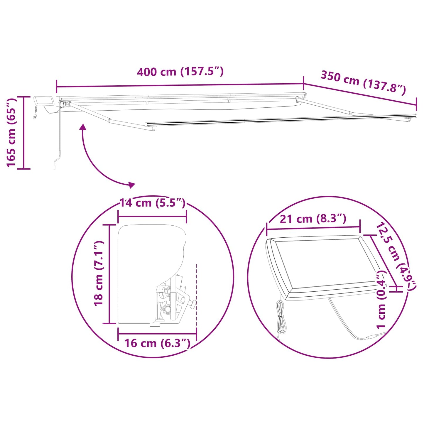 Manueller Markisenrahmen mit LEDs Anthrazit 4 × 3,5 m Aluminium