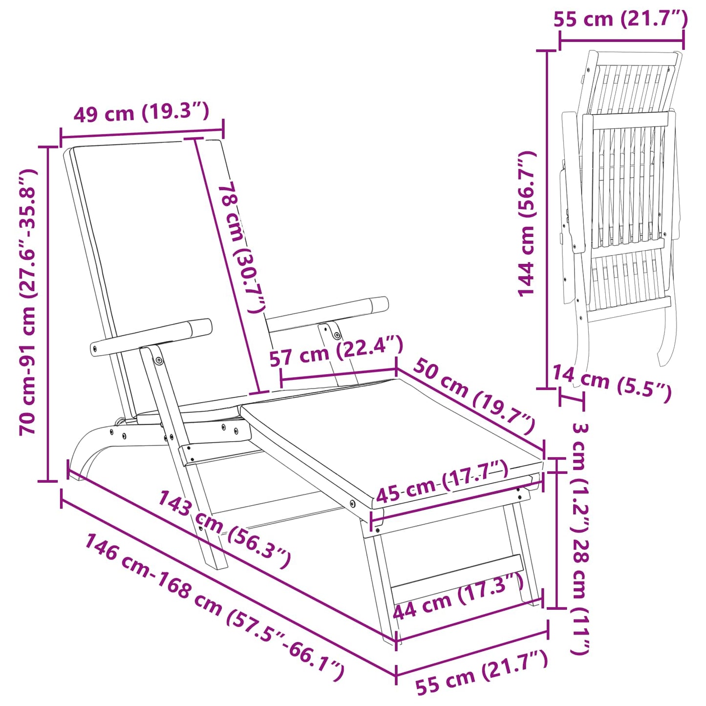 Reclining and Folding Sunlounger 55 x 146 x 91 cm