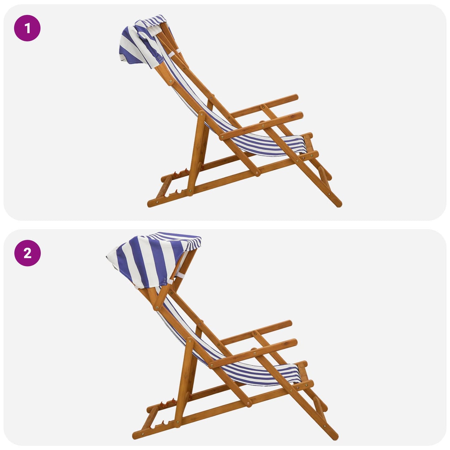 Liegestuhl 3 Position Massives Eukalyptus Holz Blau und Weiß
