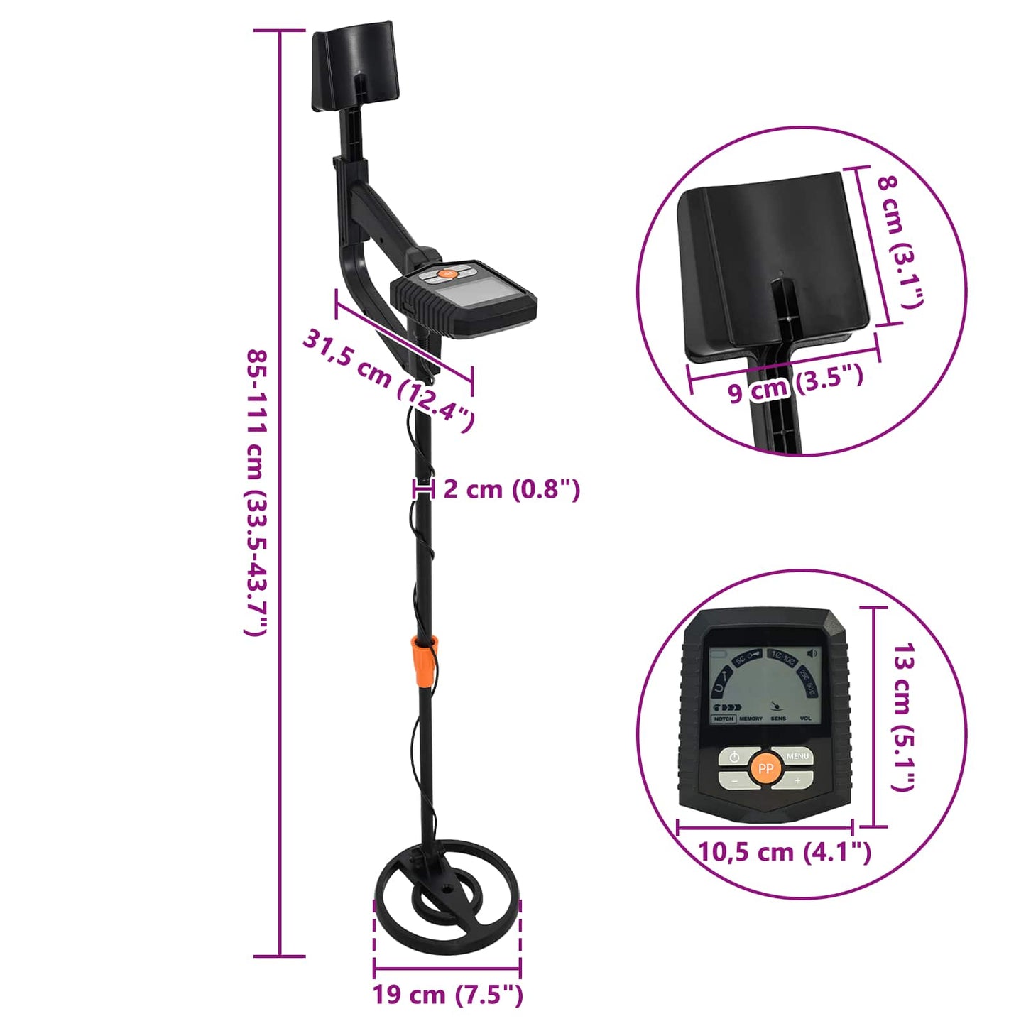 Metal Detector with LCD Display 3 Models 19 cm Coil Schwarz