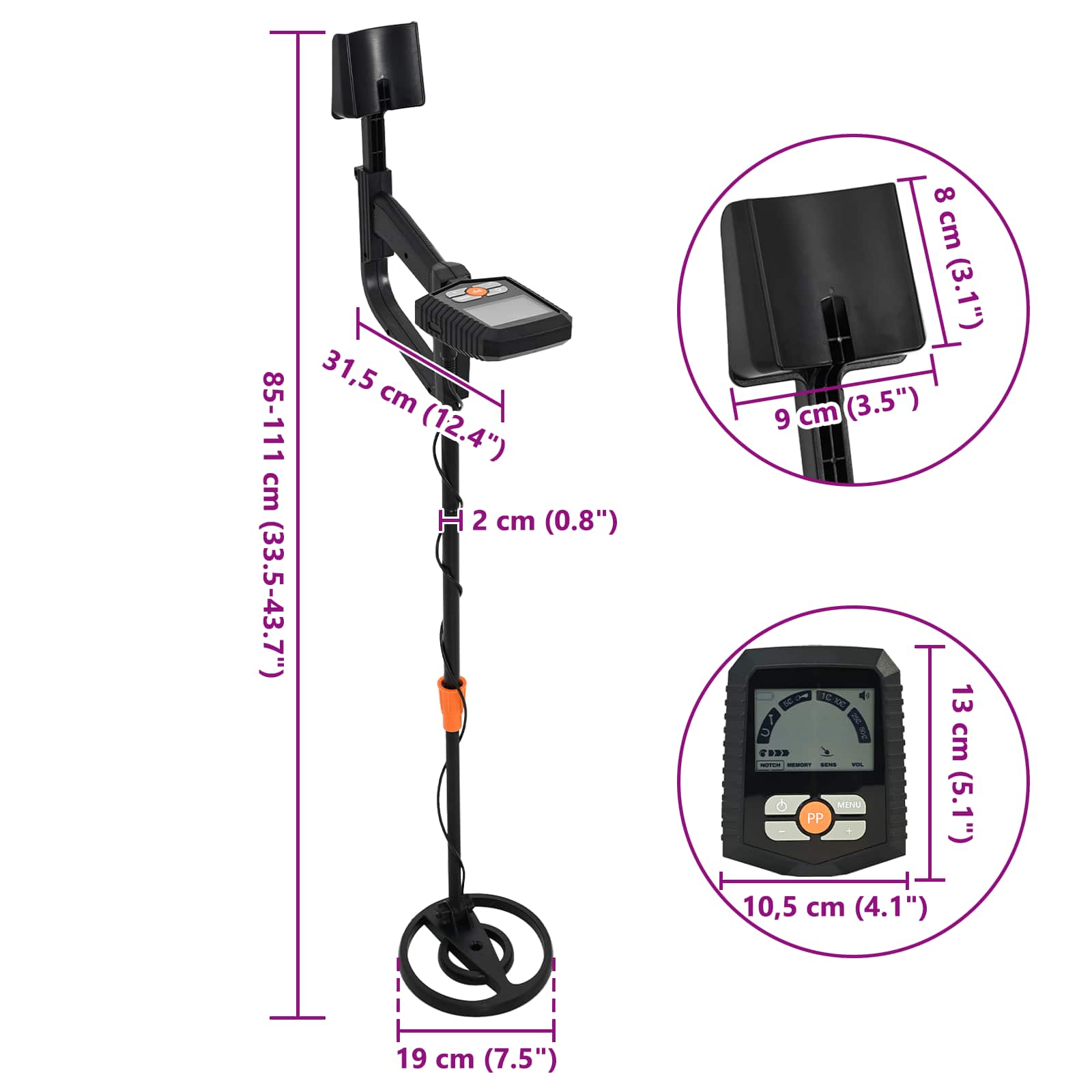 Metal Detector with LCD Display 3 Models 19 cm Coil Schwarz
