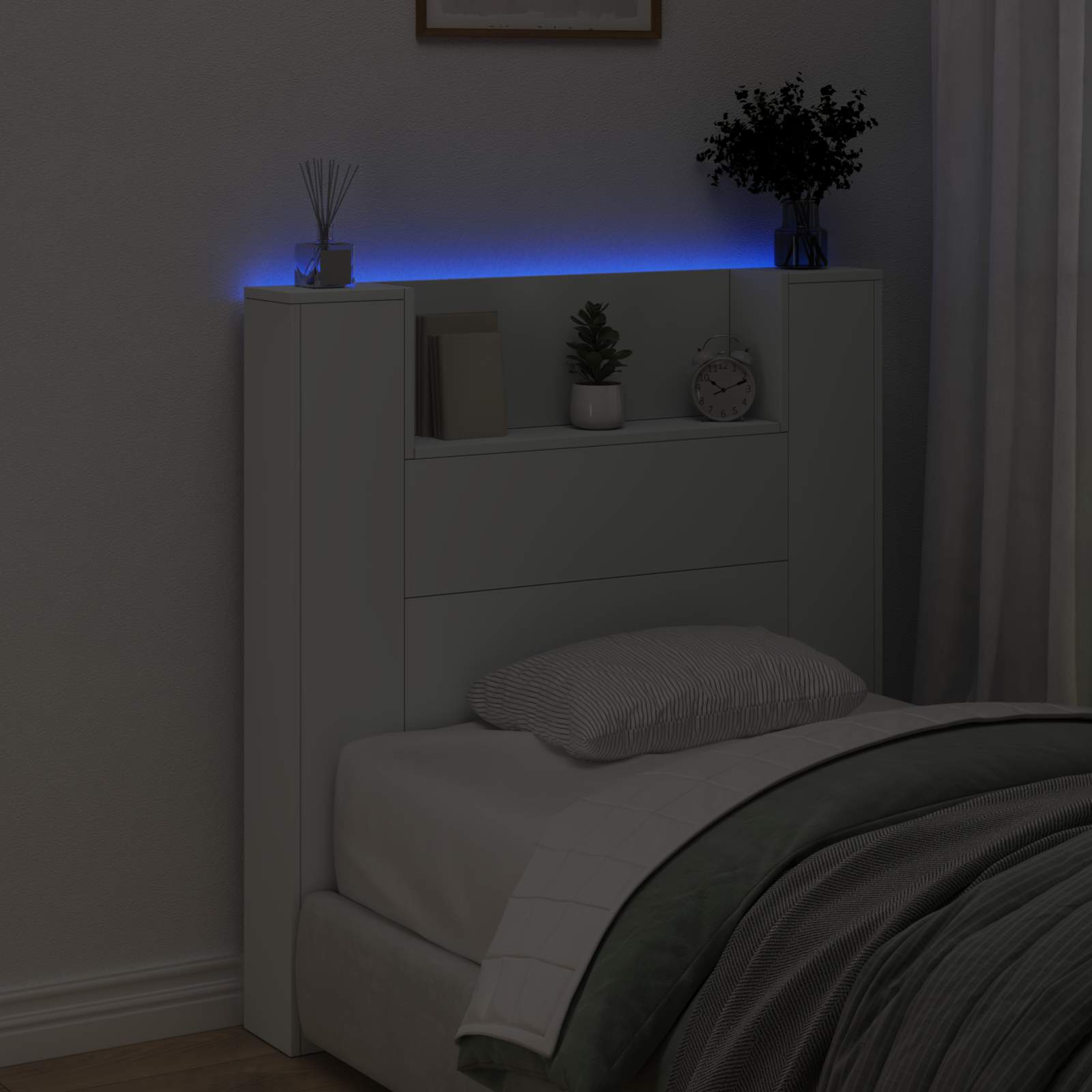 Stauraum Kopfteil mit LED Weiß Holzwerkstoff