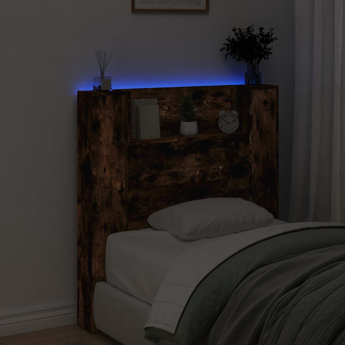 Stauraum Kopfteil mit LED Raucheiche Holzwerkstoff