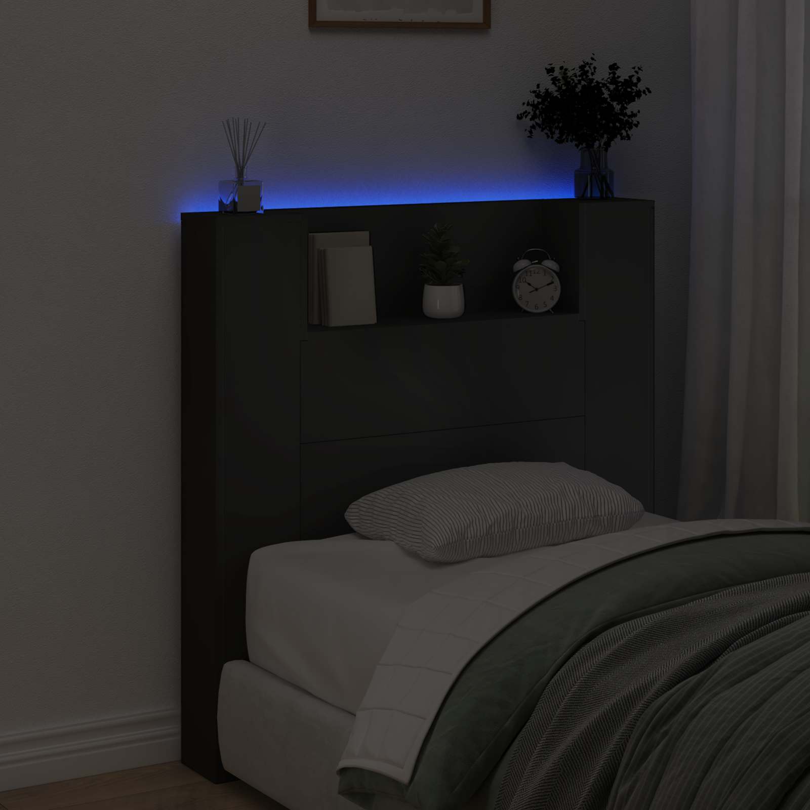 Stauraum Kopfteil mit LED Schwarz Holzwerkstoff