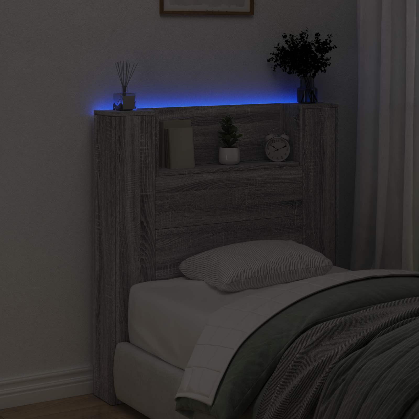 Stauraum Kopfteil mit LED Sonoma-Grau Holzwerkstoff