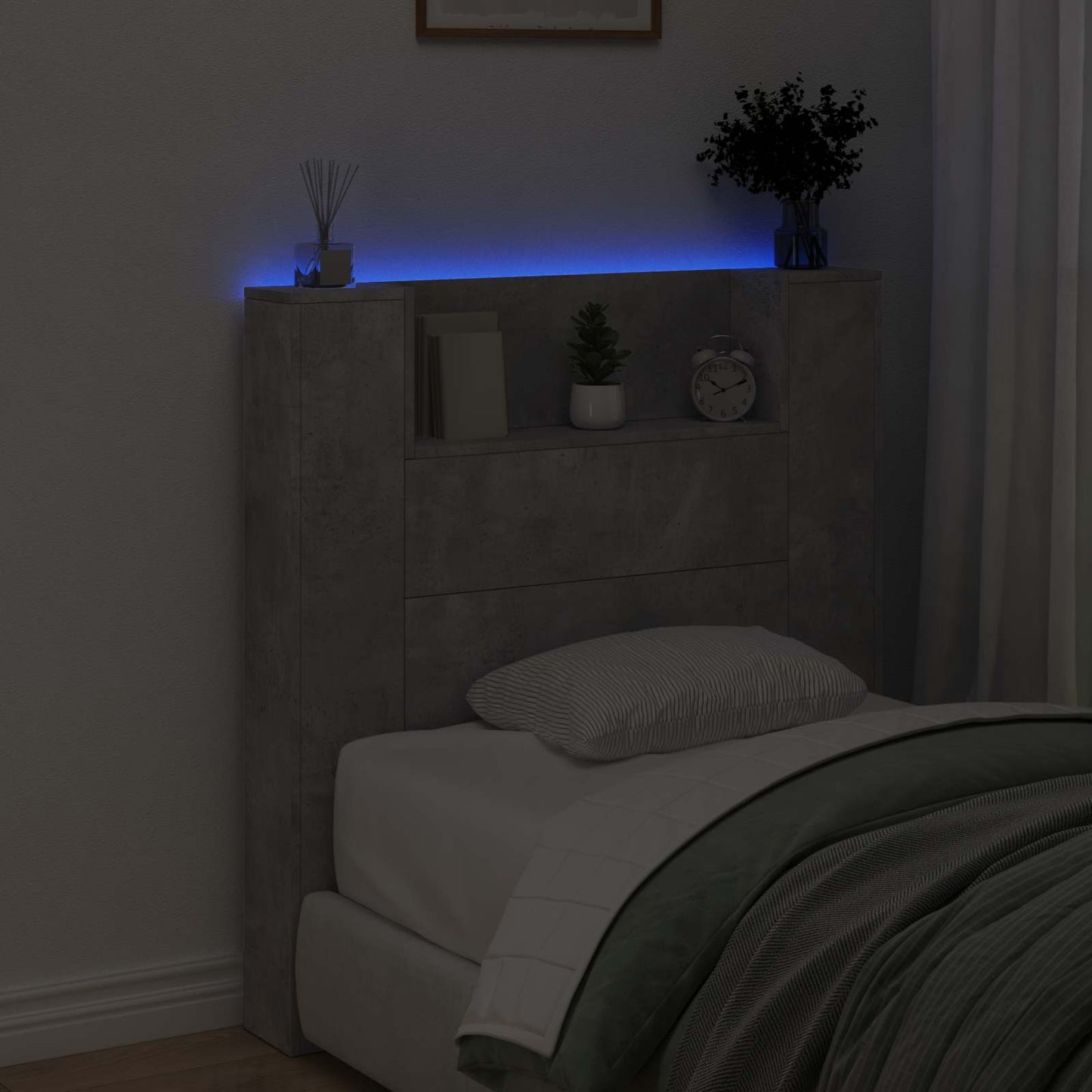 Stauraum Kopfteil mit LED Betongrau Holzwerkstoff