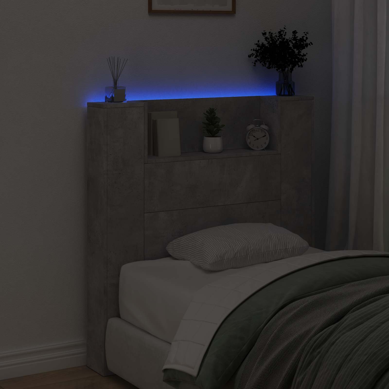 Stauraum Kopfteil mit LED Betongrau Holzwerkstoff