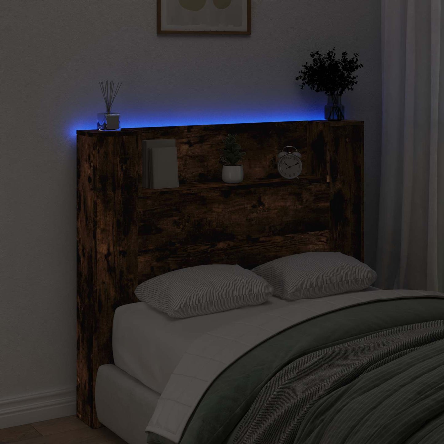 Stauraum Kopfteil mit LED Raucheiche Holzwerkstoff