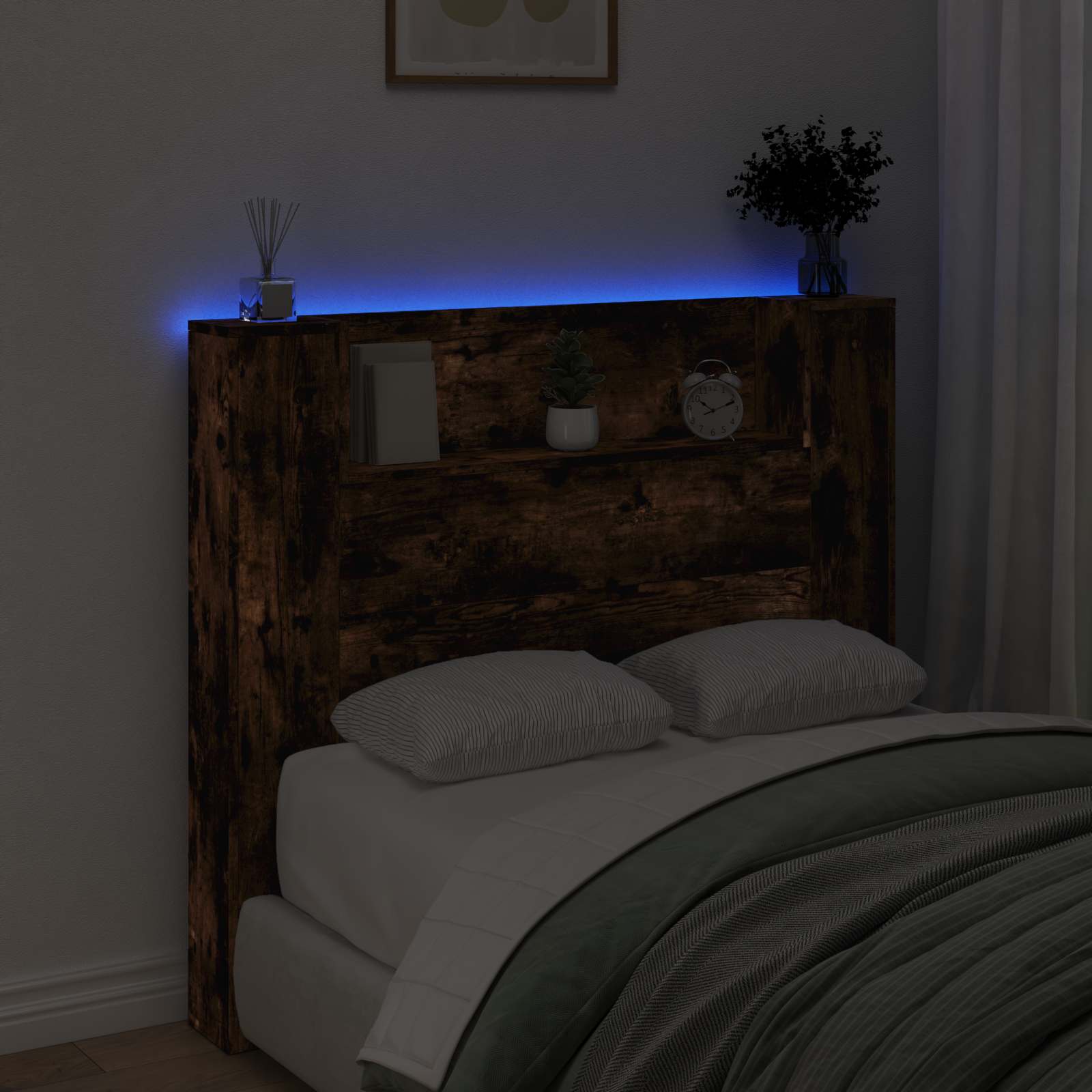 Stauraum Kopfteil mit LED Raucheiche Holzwerkstoff
