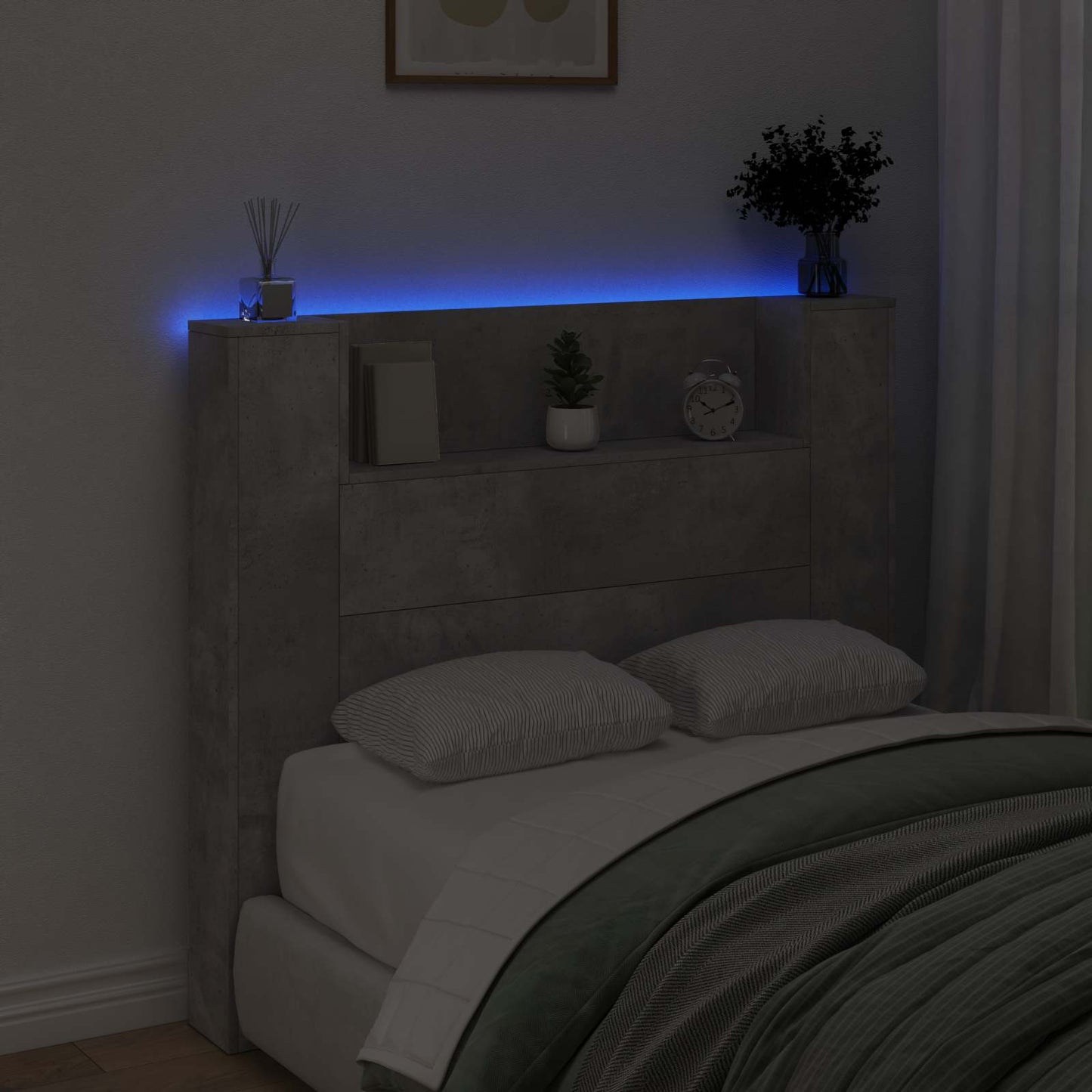 Stauraum Kopfteil mit LED Betongrau Holzwerkstoff