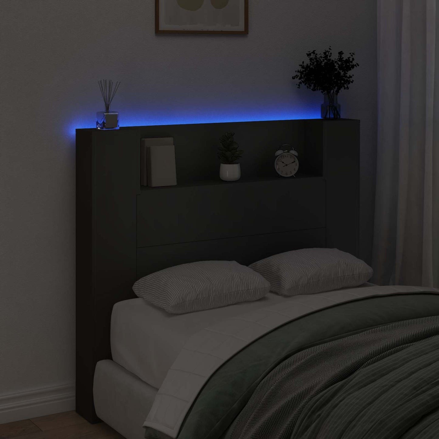 Stauraum Kopfteil mit LED Schwarz Holzwerkstoff
