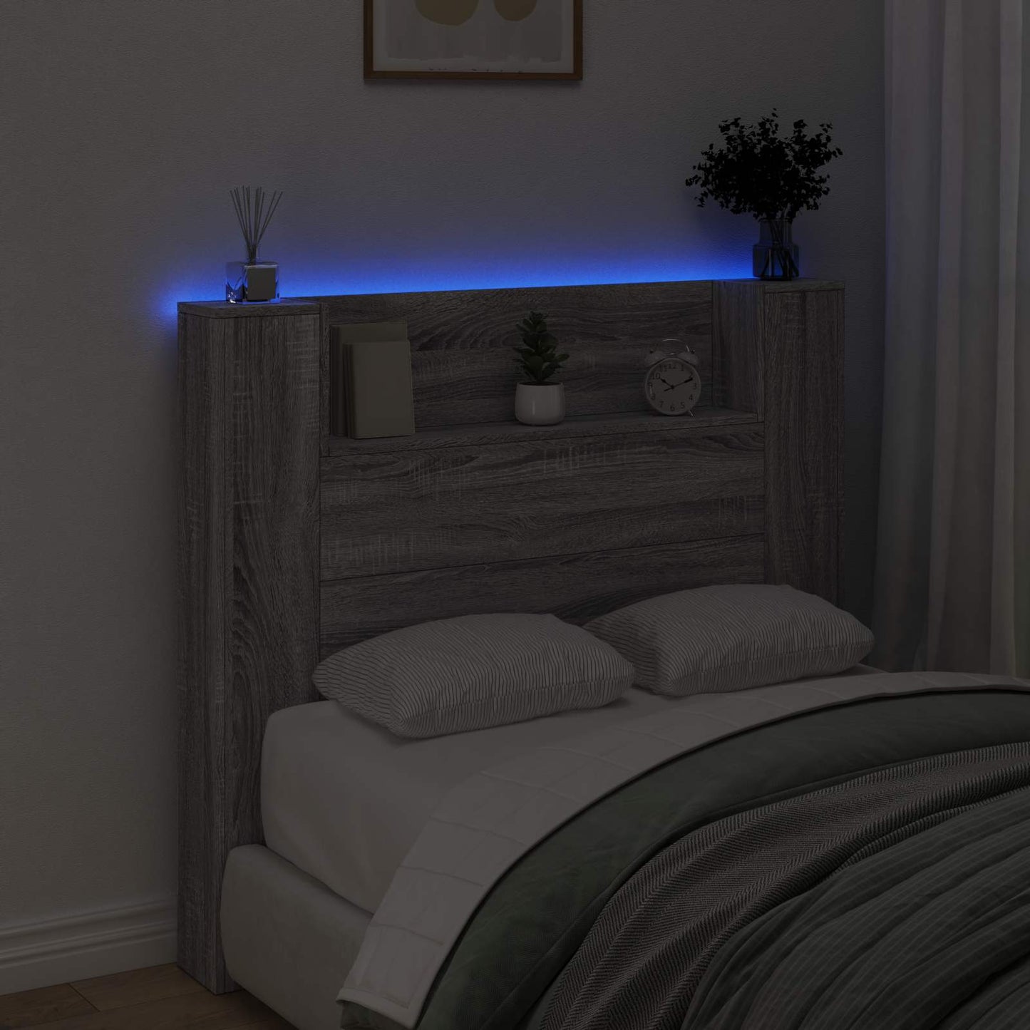 Stauraum Kopfteil mit LED Sonoma-Grau Holzwerkstoff