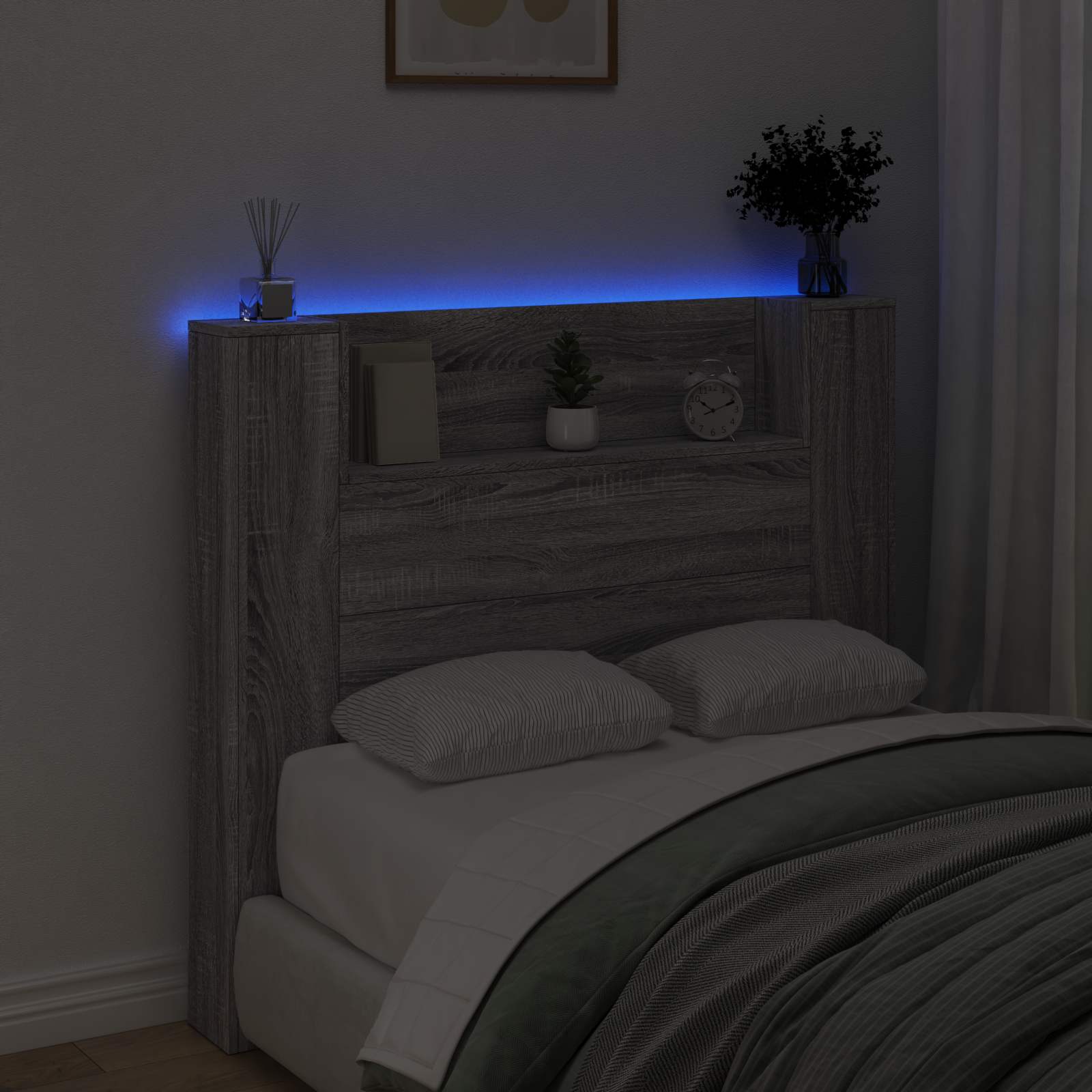 Stauraum Kopfteil mit LED Sonoma-Grau Holzwerkstoff