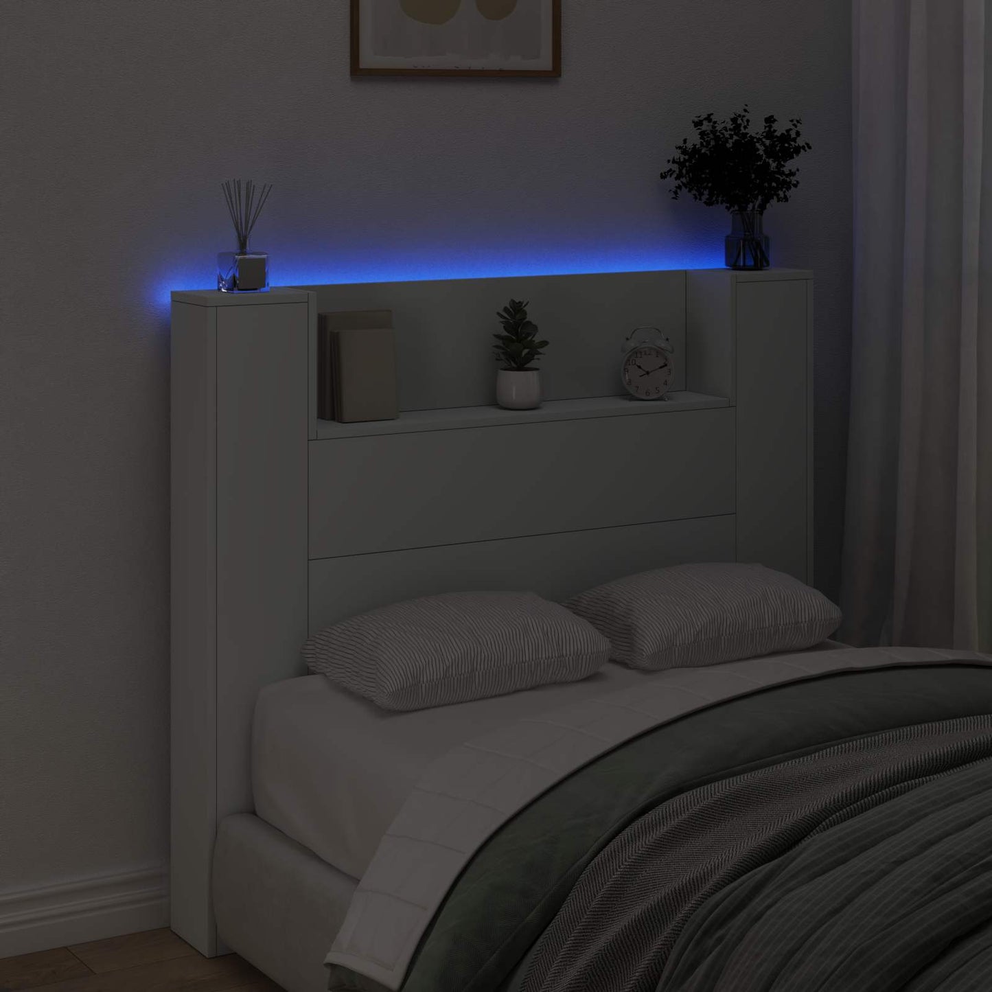 Stauraum Kopfteil mit LED Weiß Holzwerkstoff