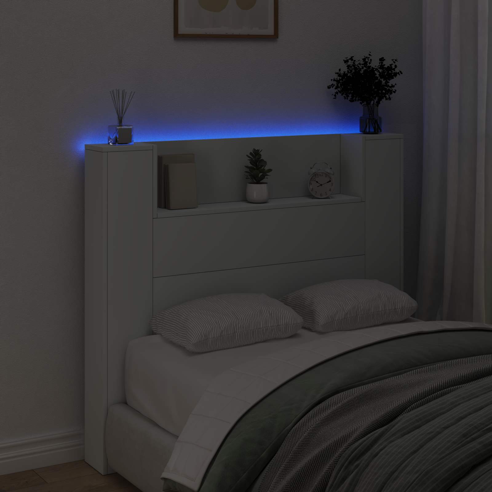 Stauraum Kopfteil mit LED Weiß Holzwerkstoff