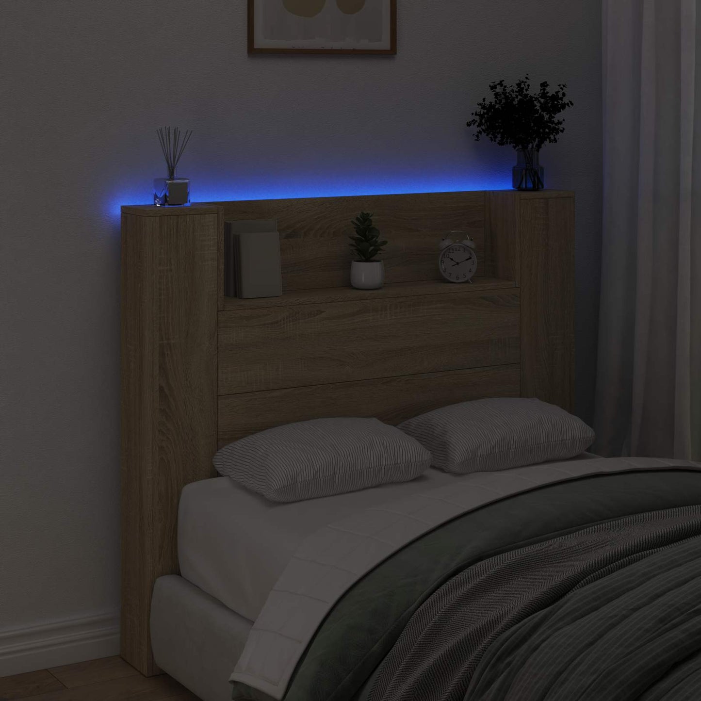 Stauraum Kopfteil mit LED Sonoma-Eiche Holzwerkstoff