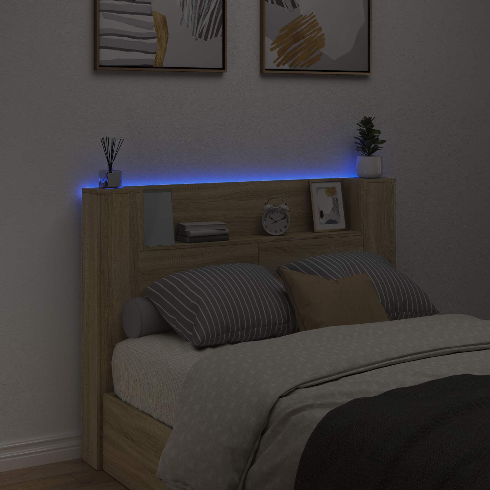 Stauraum Kopfteil mit LED Sonoma-Eiche Holzwerkstoff