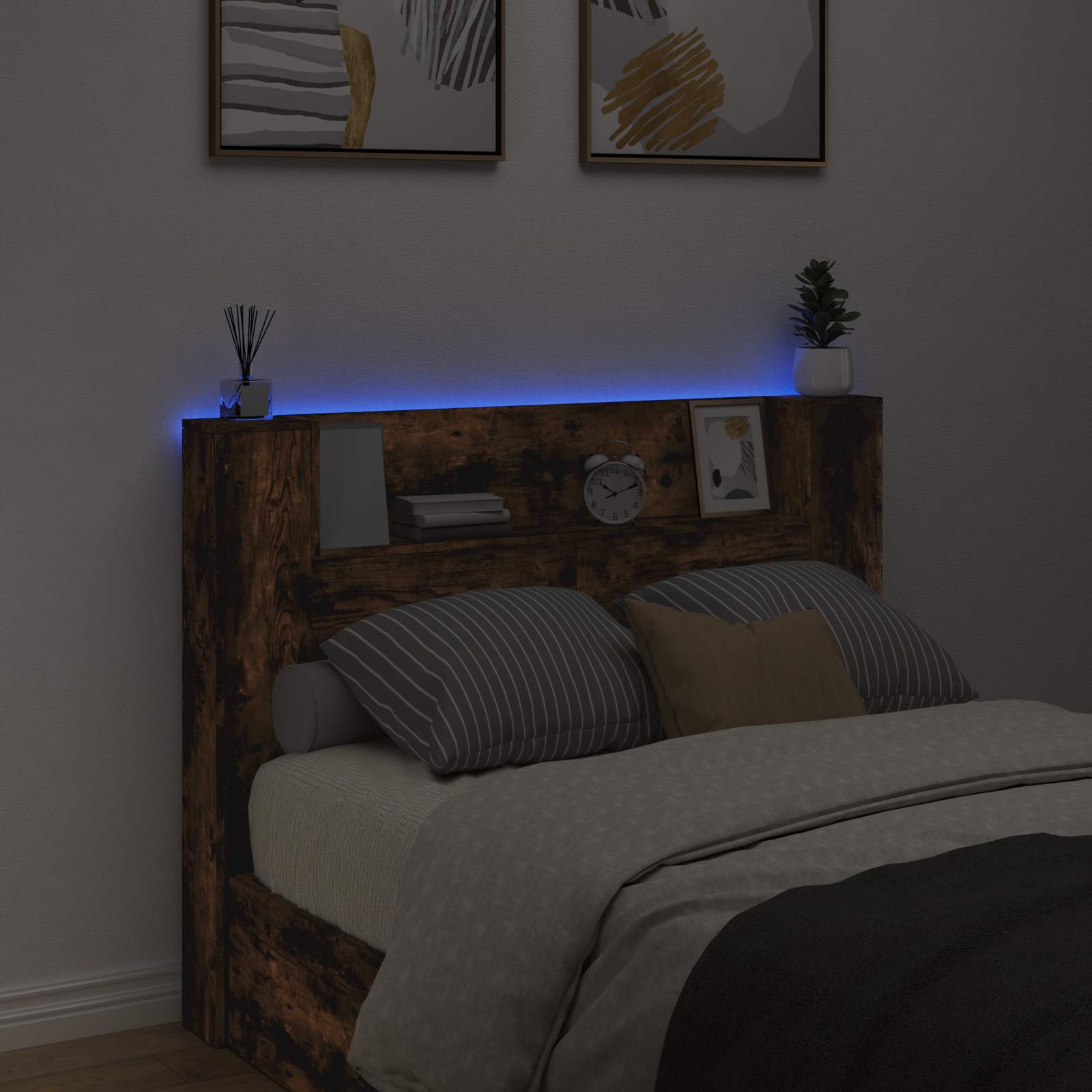 Stauraum Kopfteil mit LED Raucheiche Holzwerkstoff