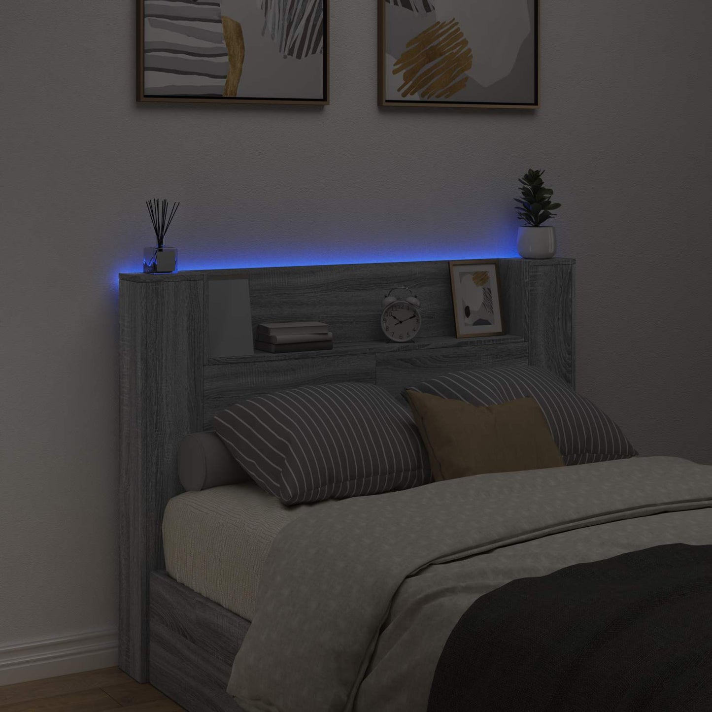 Stauraum Kopfteil mit LED Sonoma-Grau Holzwerkstoff