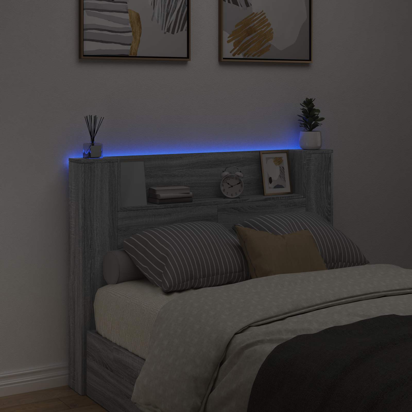 Stauraum Kopfteil mit LED Sonoma-Grau Holzwerkstoff