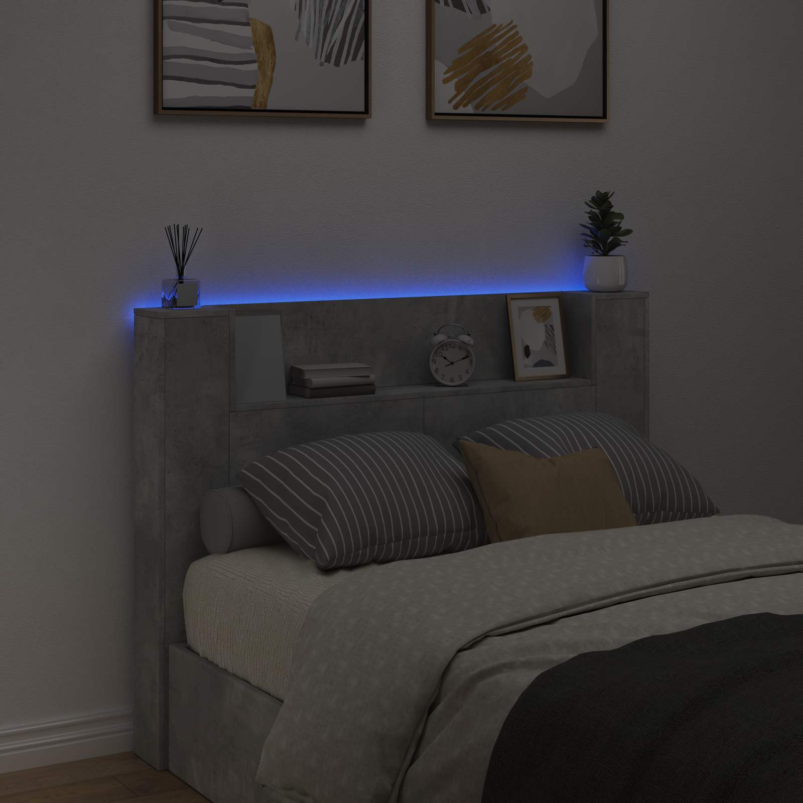 Stauraum Kopfteil mit LED Betongrau Holzwerkstoff