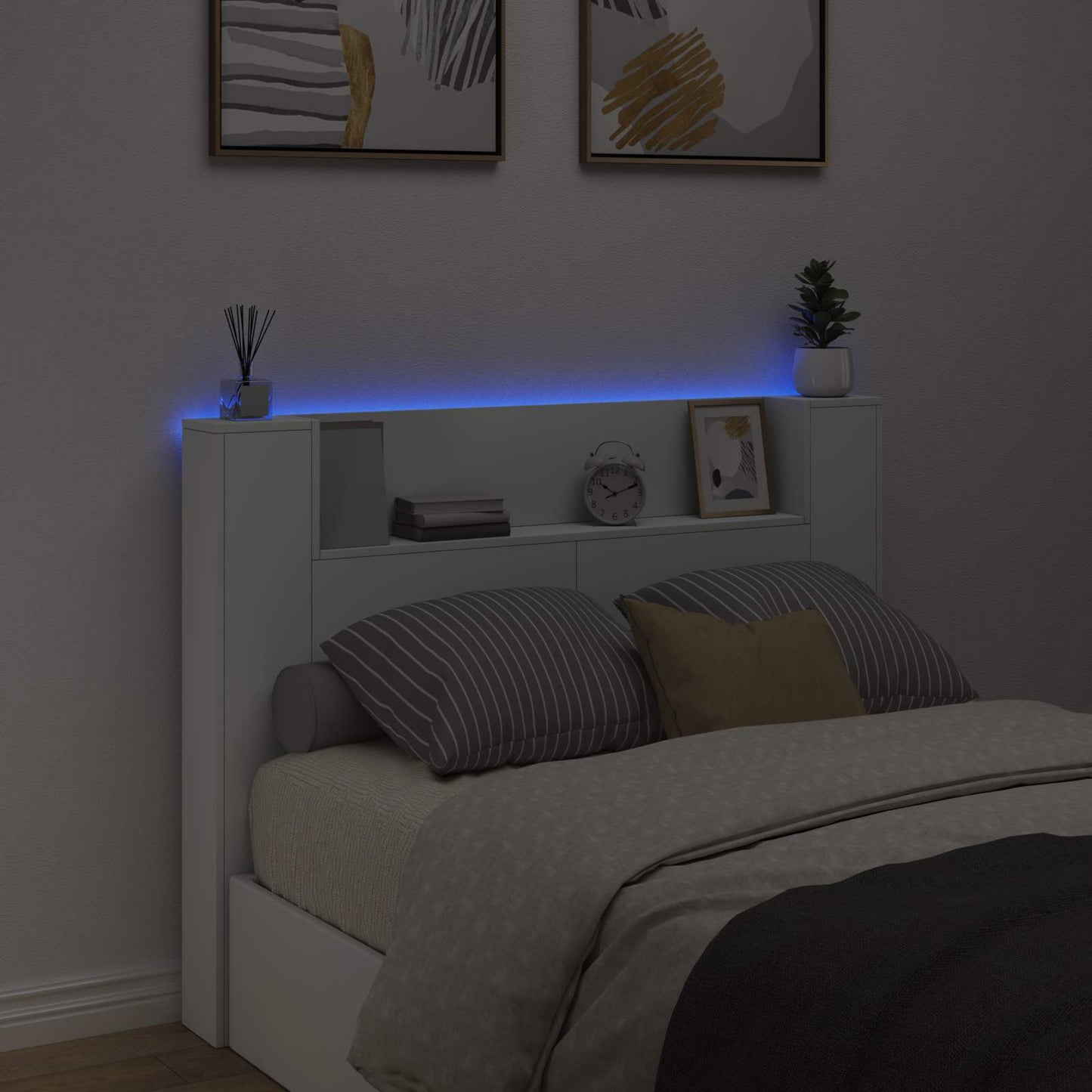 Stauraum Kopfteil mit LED Weiß Holzwerkstoff