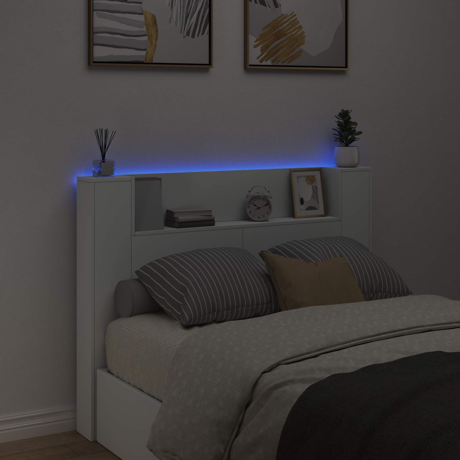 Stauraum Kopfteil mit LED Weiß Holzwerkstoff