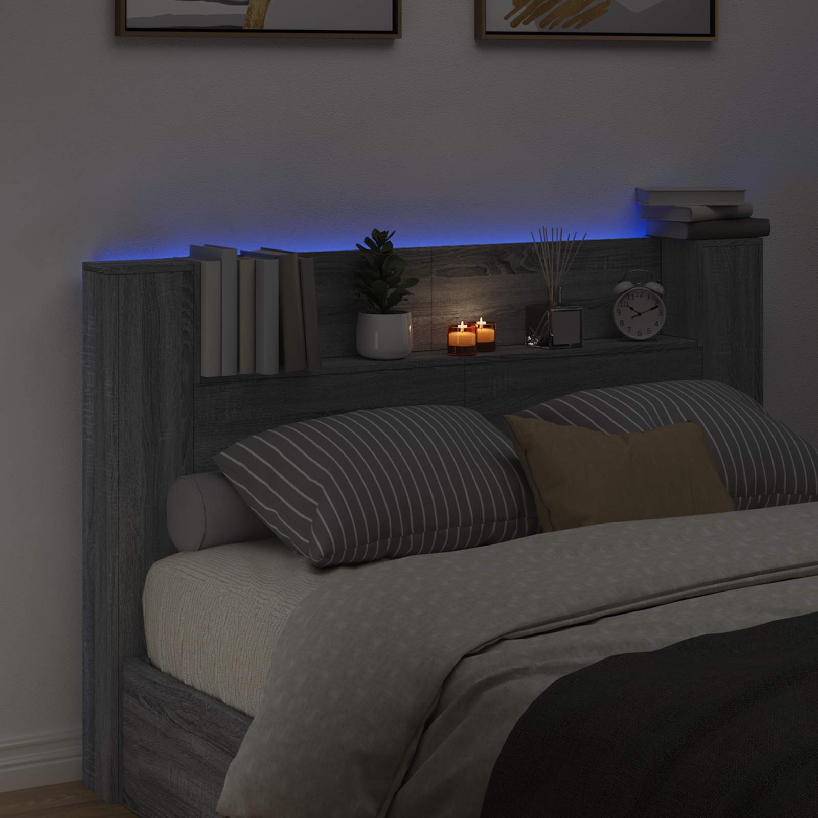 Stauraum Kopfteil mit LED Sonoma-Grau Holzwerkstoff