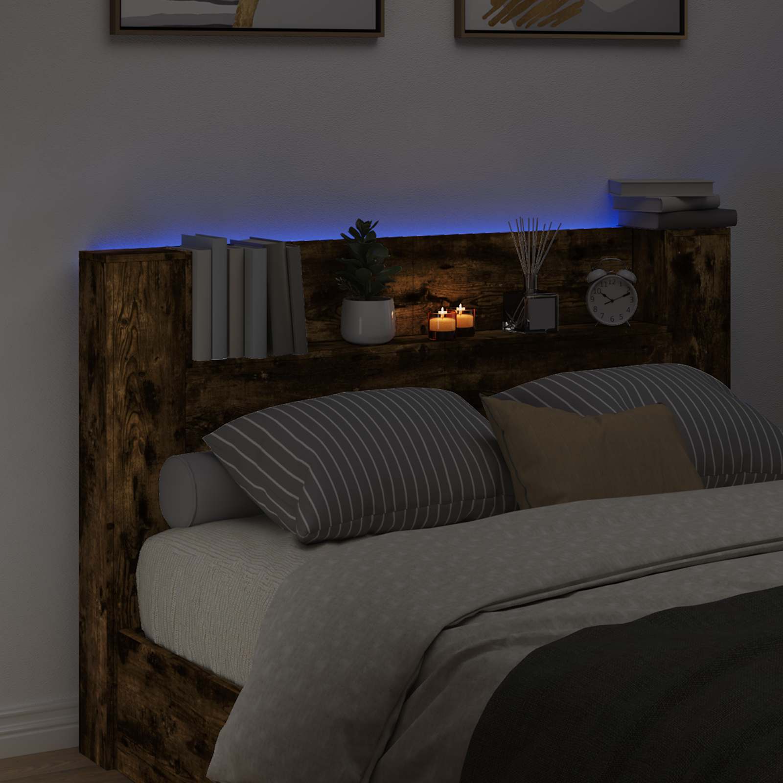 Stauraum Kopfteil mit LED Raucheiche Holzwerkstoff
