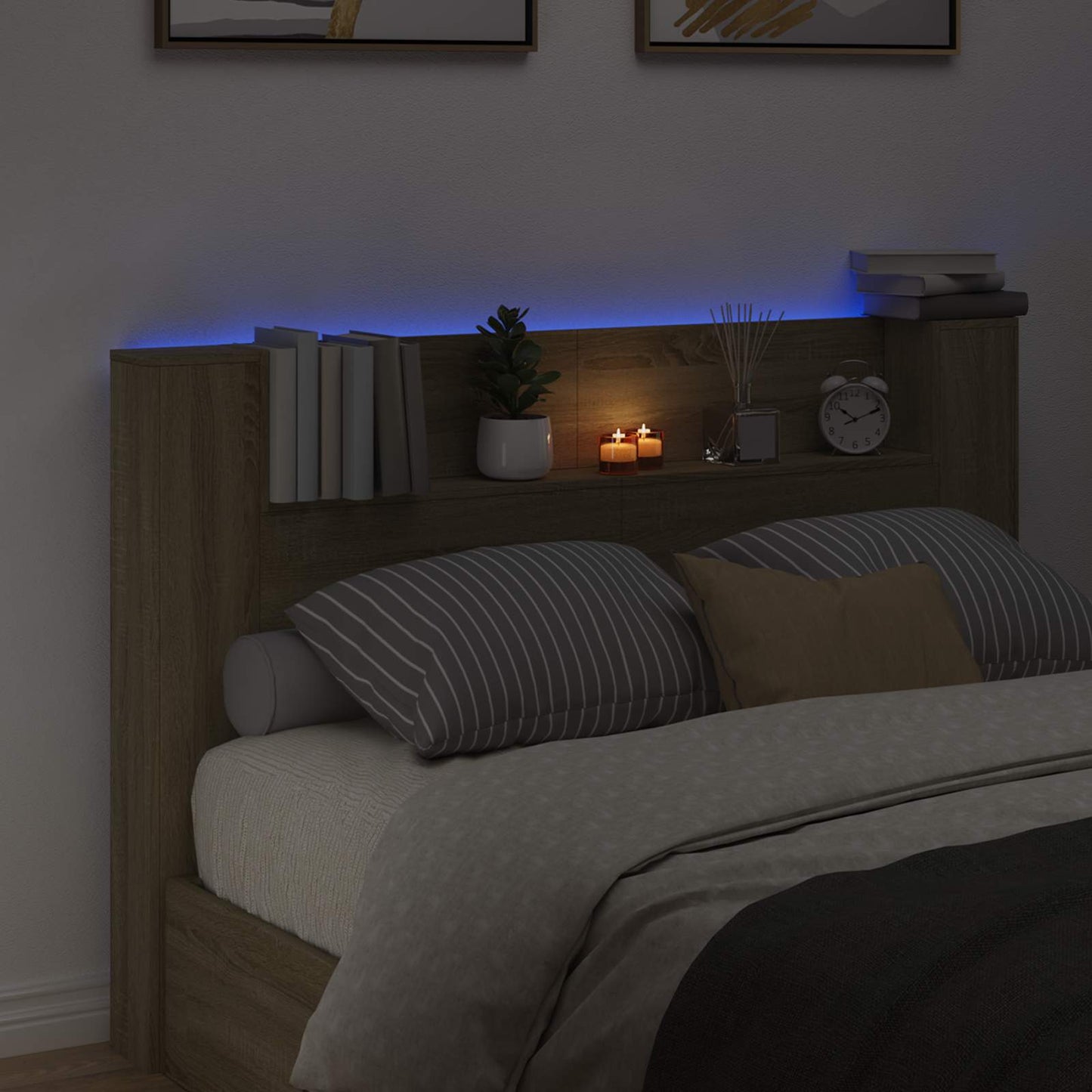 Stauraum Kopfteil mit LED Sonoma-Eiche Holzwerkstoff