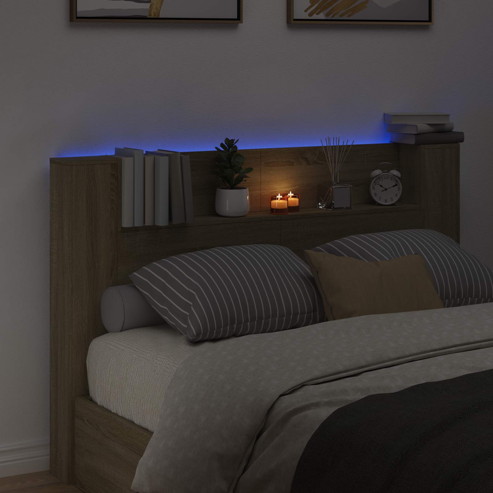 Stauraum Kopfteil mit LED Sonoma-Eiche Holzwerkstoff