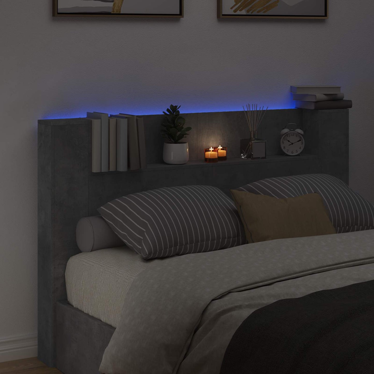 Stauraum Kopfteil mit LED Betongrau Holzwerkstoff