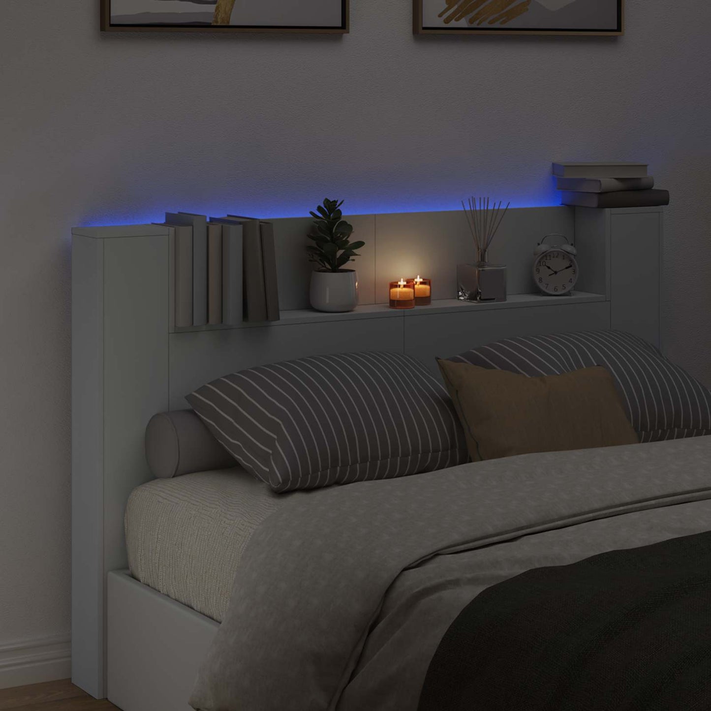 Stauraum Kopfteil mit LED Weiß Holzwerkstoff