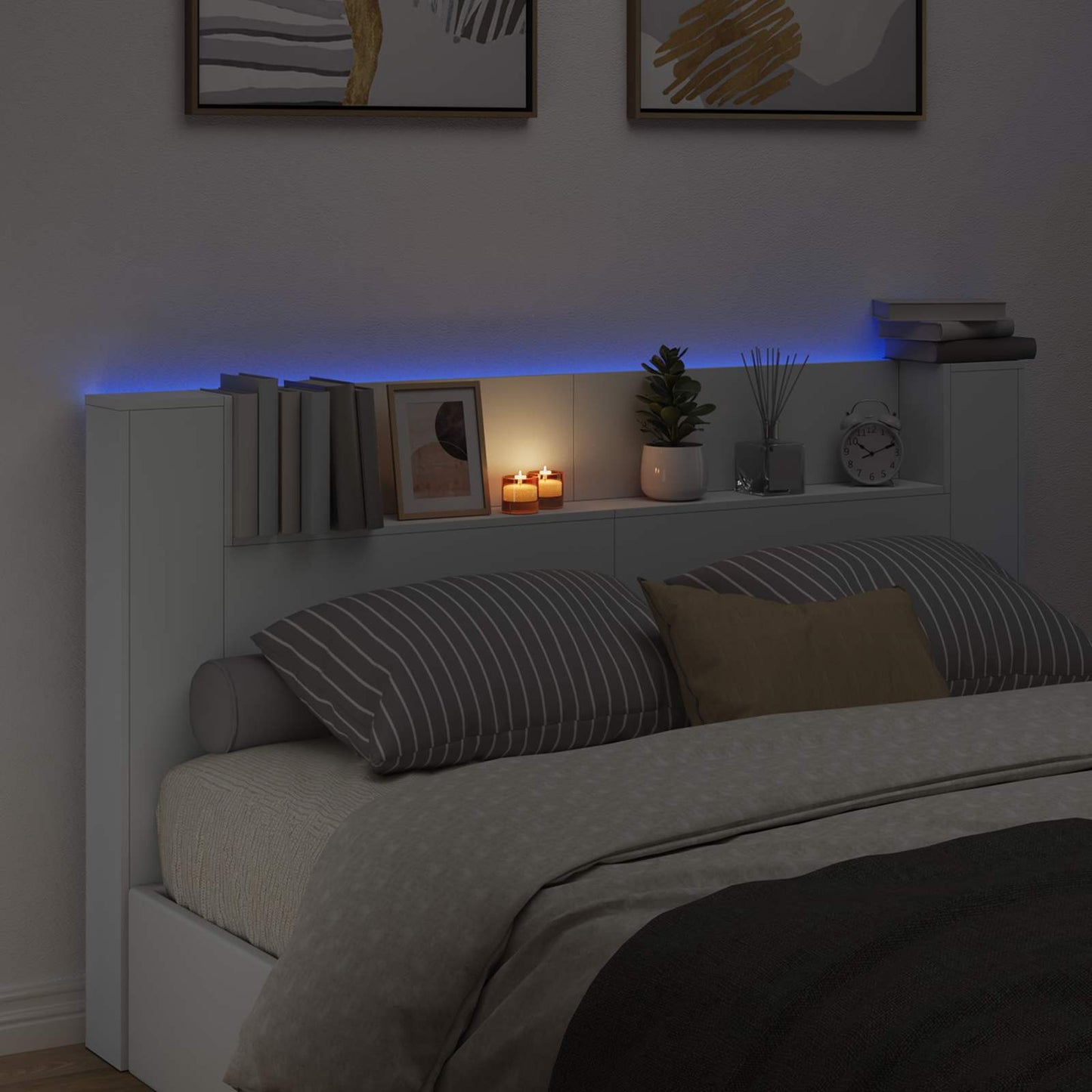 Stauraum Kopfteil mit LED Weiß Holzwerkstoff