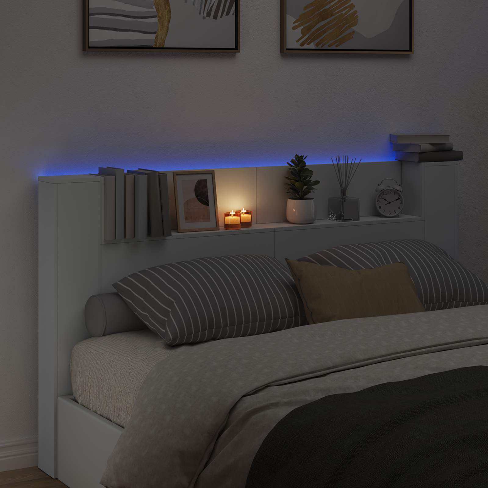 Stauraum Kopfteil mit LED Weiß Holzwerkstoff