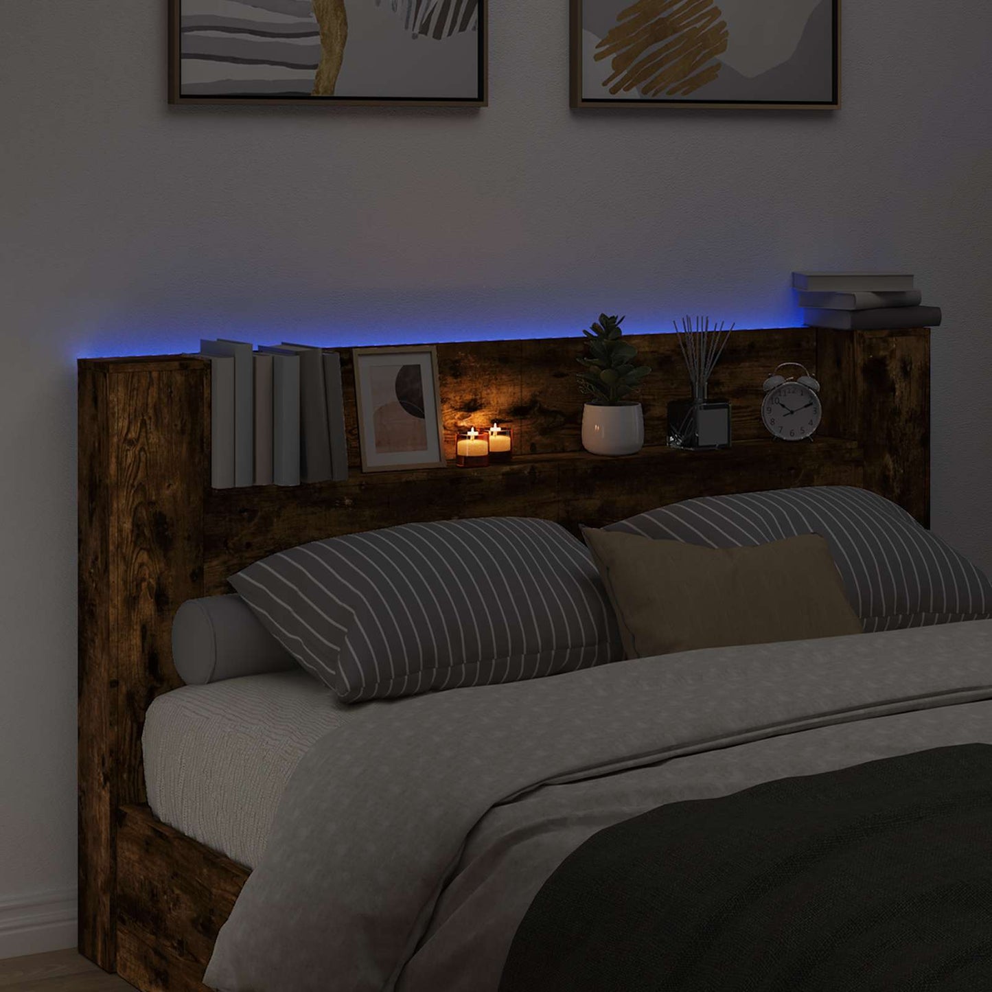 Stauraum Kopfteil mit LED Raucheiche Holzwerkstoff