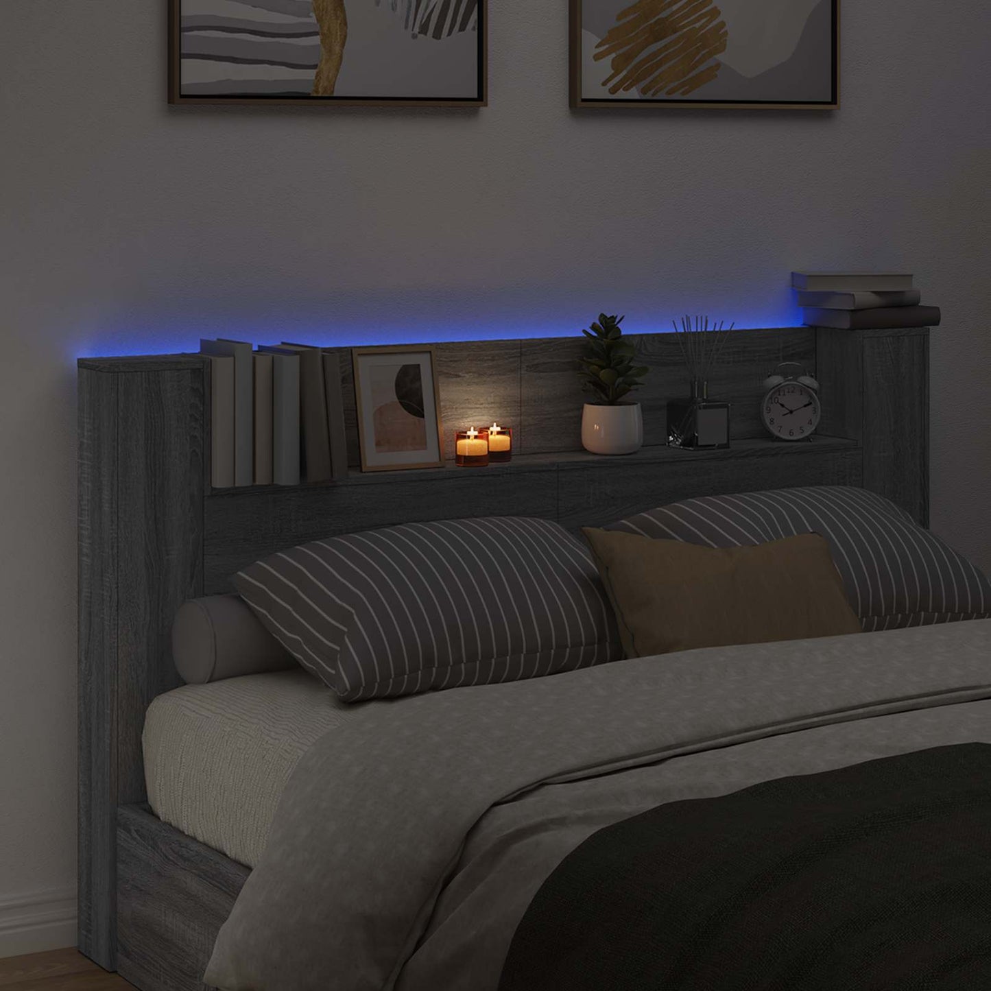 Stauraum Kopfteil mit LED Sonoma-Grau Holzwerkstoff